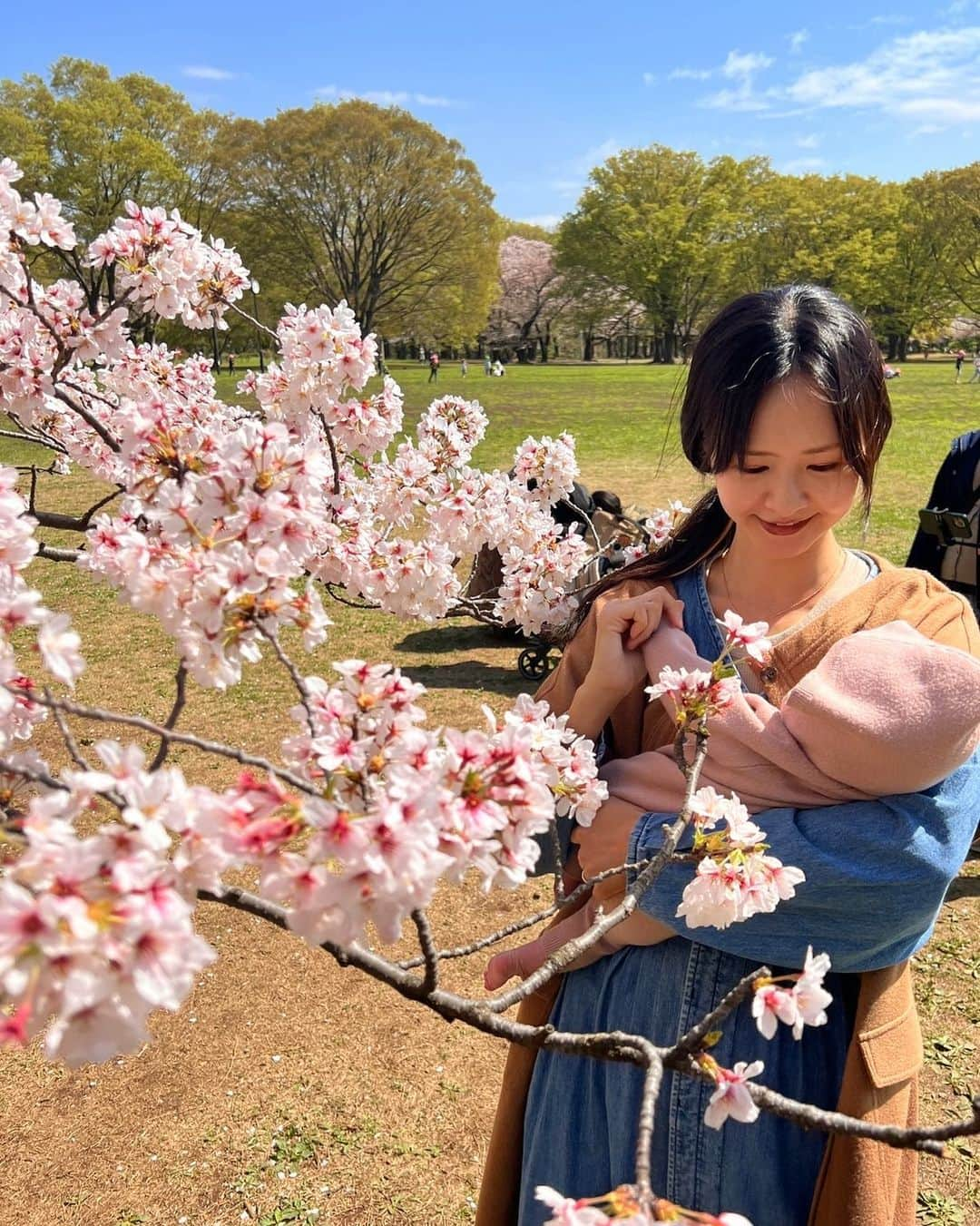 リサ さんのインスタグラム写真 - (リサ Instagram)「やっと家族でお花見。 娘、はじめてのさくら🧚🏻‍♀️  もう重くて20分くらいしか抱っこできない😂 出掛ける時、自分の髪とか綺麗にする余裕は ゼロ！笑  #前髪のびすぎ #ボサボサ #生後3ヶ月  #女の子ママ #とは繋がれない 笑笑」3月29日 22時04分 - richa_ko