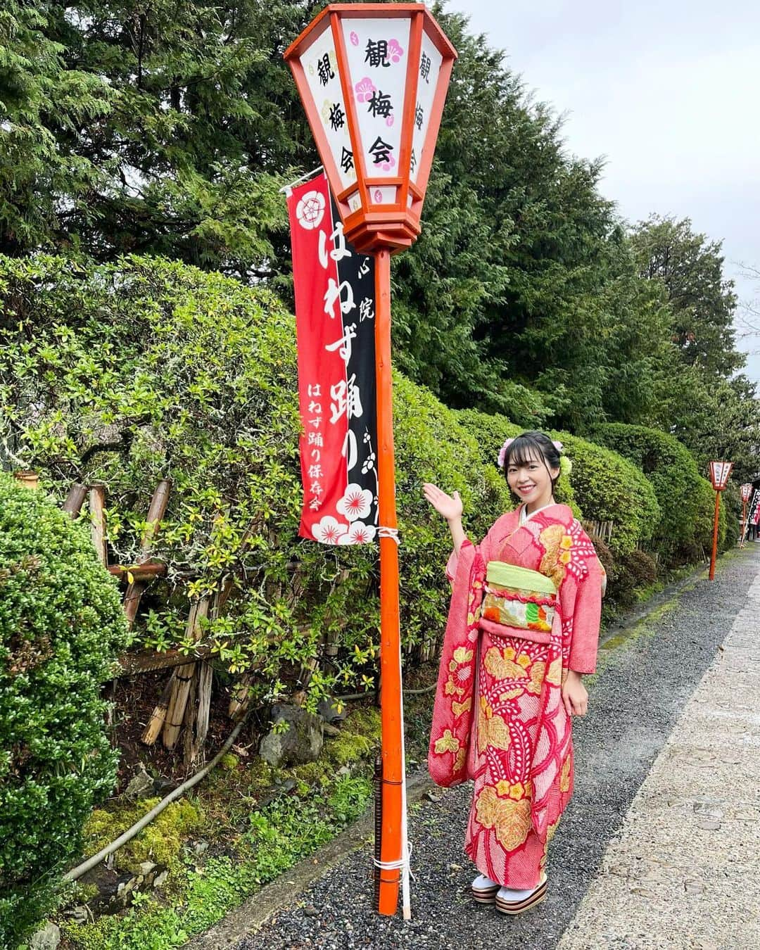 石原夕里朱のインスタグラム：「観梅会♡ ⁡ 随心院の境内にはもちろん、 ⁡ その近辺の沿道にもずらーっと ⁡ たくさんののぼりが立てられていました✨ ⁡ はねず踊り保存会の方が ⁡ 一本ずつ手作業で何百本も ⁡ つけて下さっていました🥹 ⁡ また、今回はギリギリまで天候に悩まされ、 ⁡ ステージも前日まで決まらず、 ⁡ 本当に大変でイレギュラーなことばかりだったそうで、 ⁡ これもひとえに保存会の皆さまのご尽力の賜物です🍀 ⁡ 無事に開催出来ました事を ⁡ 心より感謝申し上げます🙏 ⁡ #Kyoto #Yamashina #Zuishinin #missononokomachi #kimono #furisode #instakyoto #instagood #photooftheday #instadiary #京都 #山科 #随心院 #はねず踊り #今様 #小野小町 #ミス小野小町 #ミスコン #着物 #振袖 #司会 #りぃ京都 #👘」