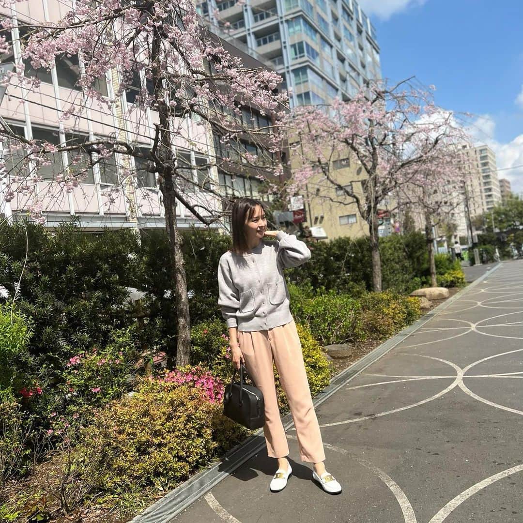 乙黒えりのインスタグラム：「桜が咲いてるうちにー🌸 ピンクコーデ❣️  #カーディガン　@kariandlili_official  #パンツ　@_parigot_  #ローファー　@tods   春休み全く時間の余裕がなく、カバンを合わせる余裕なかった(笑)気付いたらもう3月終わるやん！  新学期の準備何もしてない 焦る...💦  #ママコーデ#ママファッション#春休み#とりあえずずっとご飯食べさせてる気がする#成長期の子供の食欲舐めたらあかん#ずっとおお腹すいたコール」