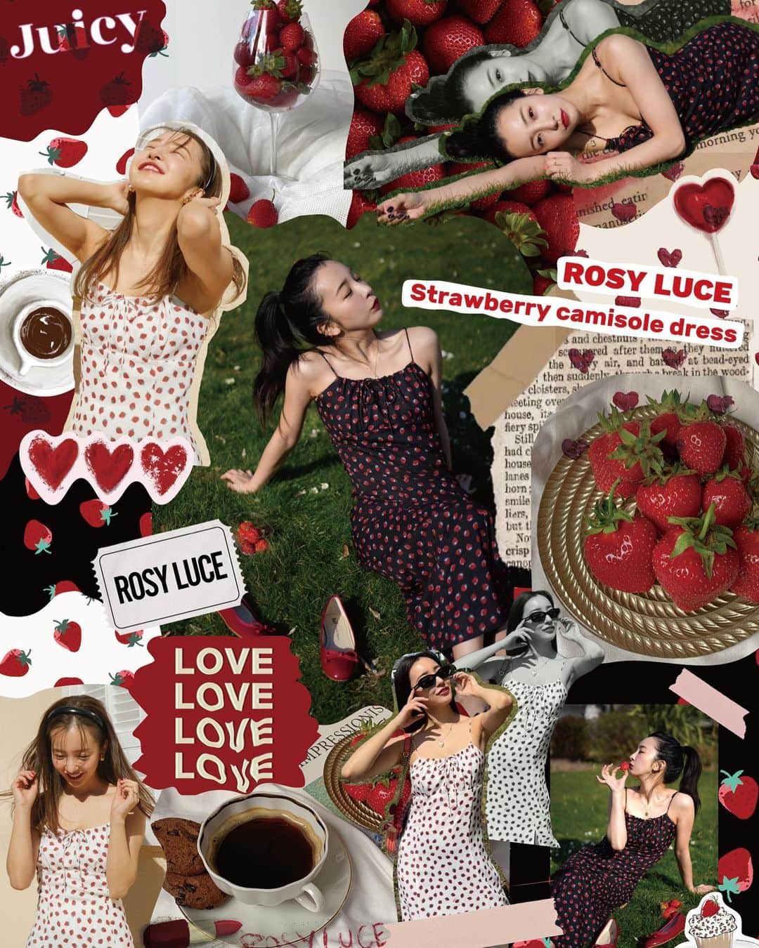 板野友美のインスタグラム：「凄くお気に入りのイチゴちゃんワンピ 明日18時から発売だよ🍓🥛 @rosyluce  #strawberrycamisoledress」