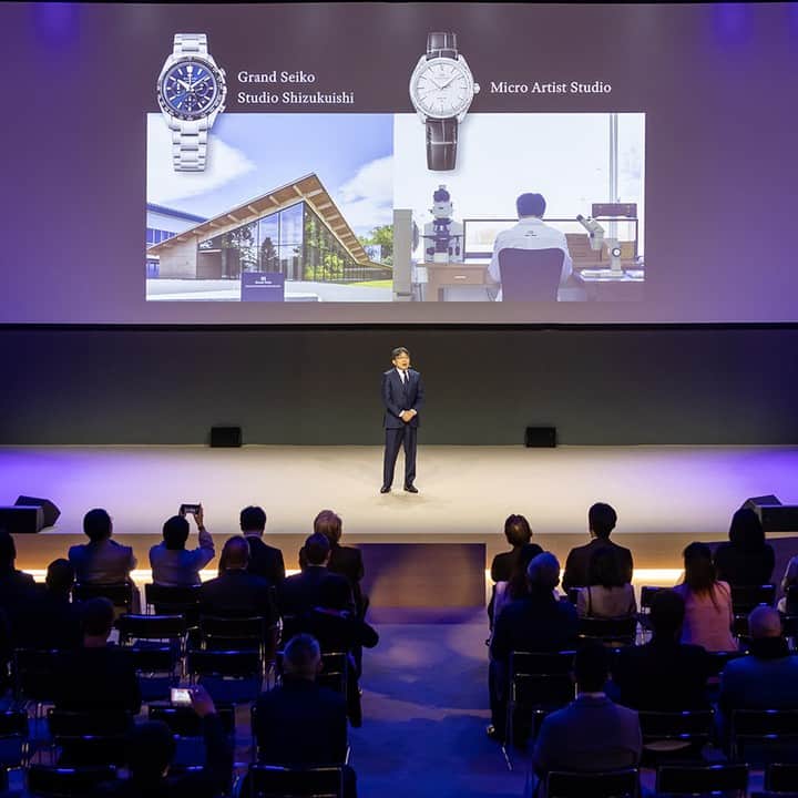 Grand Seikoのインスタグラム：「Watches and Wonders is underway in Geneva, and on March 28, the second day of the event, President Akio Naito delivered a keynote address.  Through the introduction of major new products for 2023, he conveyed Grand Seiko's commitment to continuing to seek the essence of time as well as our design philosophy, which follows the Japanese sense of beauty.  #watchesandwonders2023 #Grandseiko #Aliveintime #Geneva #Switzerland #SLGC001 #Tentagraph #SBGZ009」