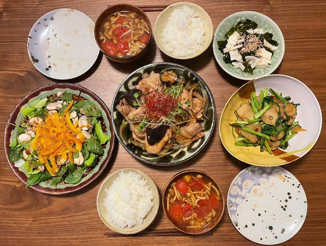 ステファニーのインスタグラム：「🍚💖🔥 いつかのごはん。 特別載せるようなご飯じゃないかもしれないけど、 菊芋が大好きって話。 _____ 豚肉と茄子の生姜焼き風 菊芋とかき菜の金平 山芋とわかめの酢の物 マッシュルームとパプリカの胡麻サラダ なめことトマトのお味噌汁  #love #yummy #和食 #おうちごはん」