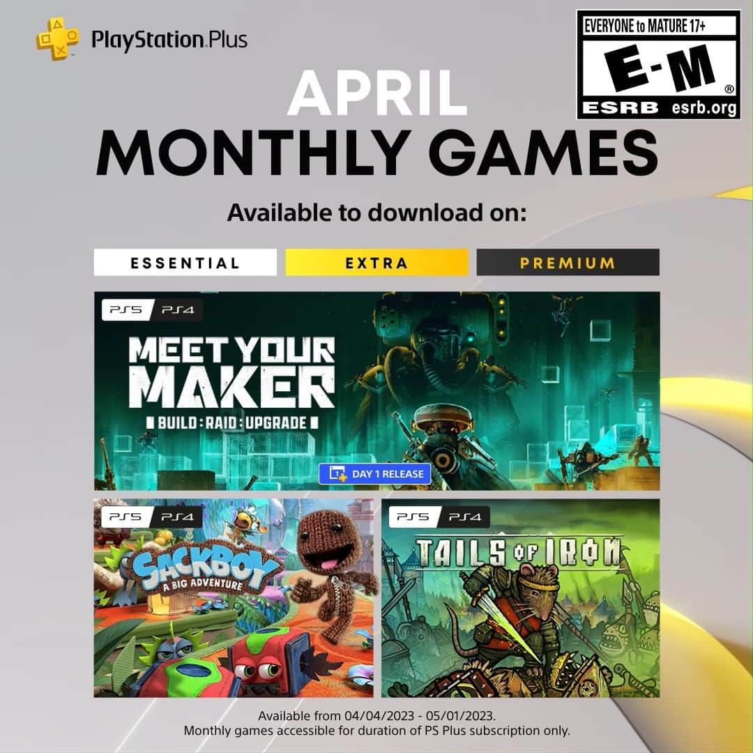 PlayStationのインスタグラム：「PlayStation Plus Monthly Games for April are:  ➕ Meet Your Maker ➕ Sackboy: A Big Adventure ➕ Tails of Iron  Full details on PlayStation Blog.」