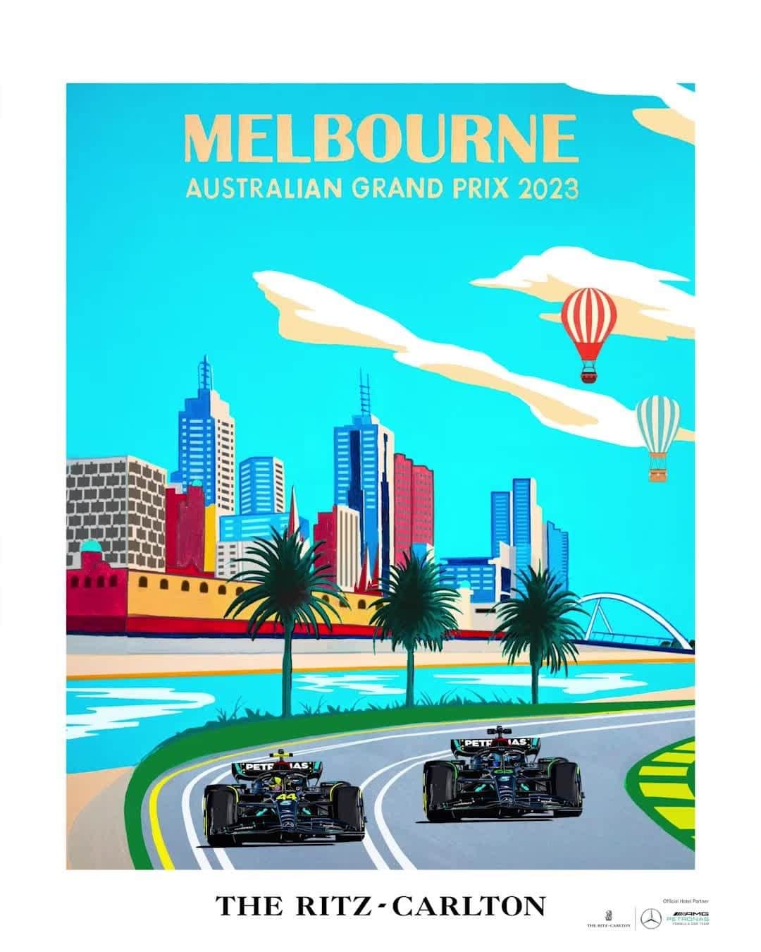 リッツ・カールトンのインスタグラム：「Start your engines — our first race of the year with @mercedesamgf1 is almost here. With a travel poster from @louisnicolasdarbon showing off the W14 car and the Melbourne skyline to set the scene, we are looking ahead to this weekend's Australian Grand Prix, when The Ritz-Carlton, #Melbourne will be part of the excitement for the very first time.」