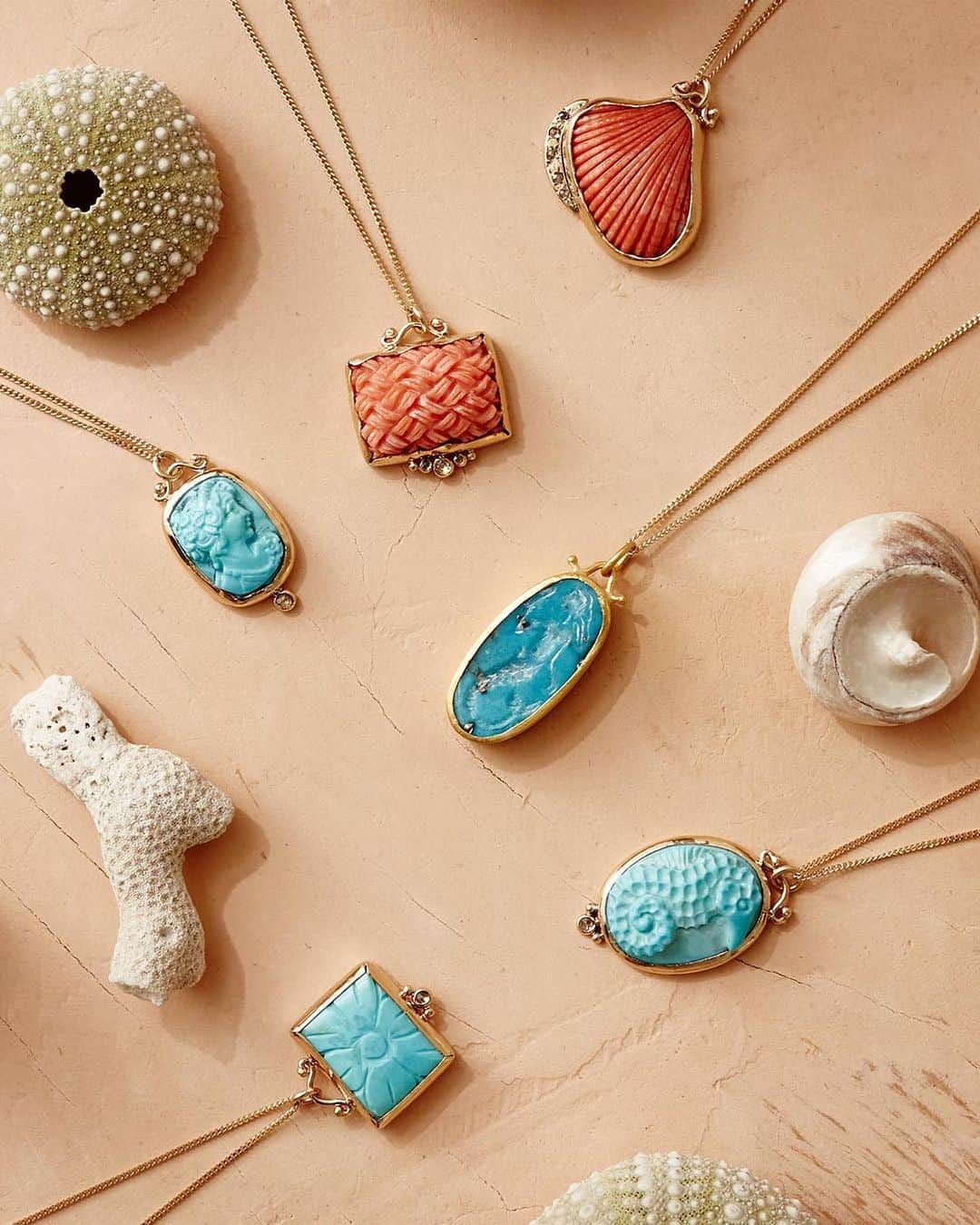 チャンルーのインスタグラム：「Sea Sirens are here to play 🧜🏼‍♀️ Our newest 14k necklaces are inspired by the mythos of mermaids, featuring rare Sleeping Beauty turquoise and coral pendants. Tap our stories to learn more about Sleeping Beauty!」