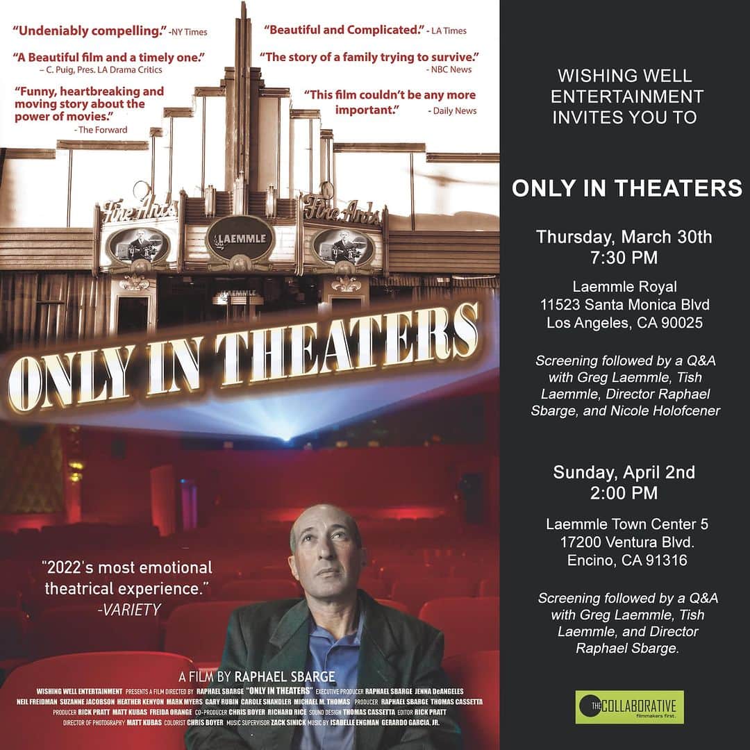 ラファエル・スバージのインスタグラム：「To all my LA friends who may have missed ONLY IN THEATERS —-we are BACK! Tomorrow night and Sunday at the Laemmle Theatres  Greg Laemmle Tish Laemmle and Nicole Holofcener will be there IN PERSON for the Q&A on Thursday!   We have had an astonishing journey, and our film is a love letter to going to the movies. We would love to share it with you— in a theater! 😊」