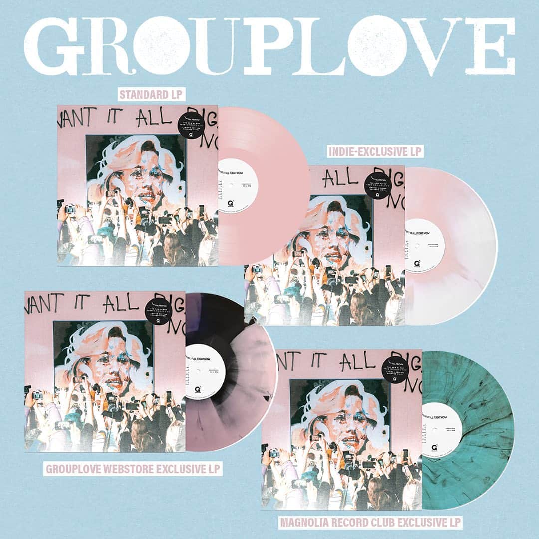 グループラブのインスタグラム：「I WANT ALL the vinyl variants RIGHT NOW 🙌 We have a standard baby pink vinyl, our indie-exclusive white/pink split which you can pre-order from your local record shop, our personal favorite -the black/pink split which is on our GROUPLOVE webstore and the electric smoke vinyl which is exclusive to @magnoliarecordclub. Visit the link in our bio to pre-order/and collect them ALL 👀」