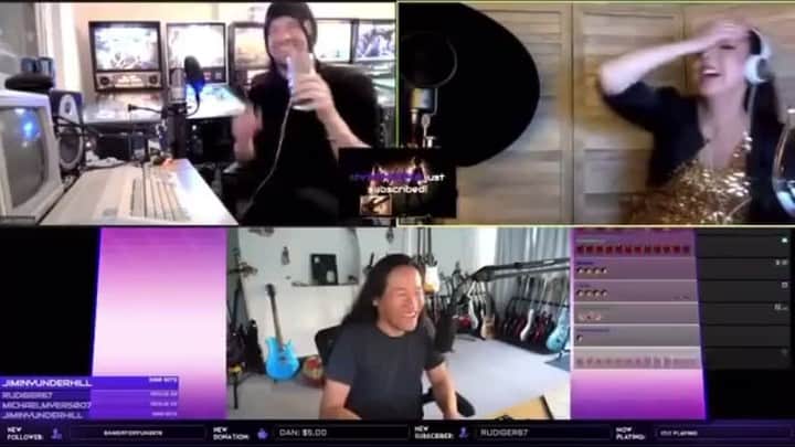 のインスタグラム：「Throwback to @Elizeryd being a great sport singing on our Twitch jam 🎶 Who else can relate to being a Barbie girl living in a cyber sausage world? #DragonForce #Amaranthe」