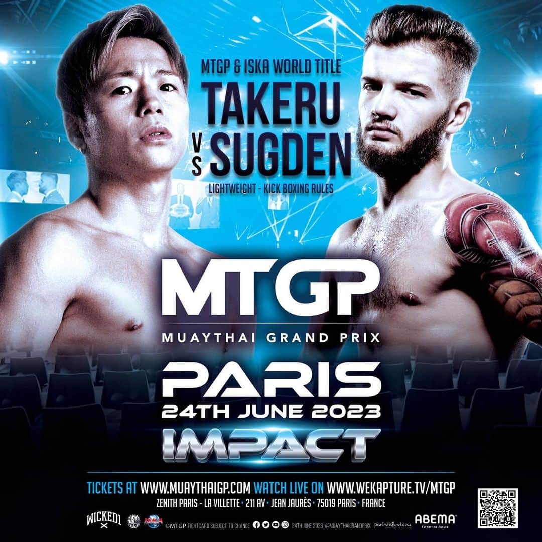 武尊さんのインスタグラム写真 - (武尊Instagram)「🚨TAKERU vs SUGDEN🚨  The huge official announcement you have been teased with… and have been waiting for!  Three Division K-1 Champion Takeru will fight in Europe against the UK’s ‘British Bulldog’ Bailey Sugden for the ISKA World Lightweight title at Zenith in Paris on Saturday 24th June 2023.  Takeru’s last fight was one of the largest in kickboxing history. Tenshin Nasukawa in front of nearly 60,000 fans at the Tokyo Dome in a fight that had been brewing for several years. Takeru his coming back from an extended break but can’t wait to ignite his kickboxing career.  He is taking on an opponent who has fought numerous times for MTGP and Glory, with Sugden coming into this contest on the back of a three fight winning streak. Takeru will take some beating as in over a decade during which the 31 year old has established himself as one of the best pound for pound kickboxers on the entire planet. Takeru has earned a career high purse from his last fight with Tenshin and this will be his first time fighting since becoming a multi-millionaire.  ISKA World Champion Bailey Sugden can’t wait to put on a show against Takeru and show the World what the ‘British Bulldog’ is not only the UK’s best Lightweight but also Europe!! The Newark born fighter recently produced a fantastic unanimous Title Defence against ISKA European freestyle rules champion Pedro Ruiz in England. Sugden knows exactly what to expect from Takeru, as he has been keen to break into the Japanese K-1 scene and hungry for so much more and can’t wait to get back in there and show why he’s the current defending World Champion.  This fight for the first time in Muay Thai Grand Prix's history, will be for the Double Lightweight MTGP and ISKA World Titles! Takeru will have a very tough fight on his hands to overcome Sugden in Paris and it will be fascinating to see the outcome!  🗓️24.6.2023 📍Paris, France 🎟️To register your interest for tickets please follow the link in bio」3月30日 17時07分 - k1takeru