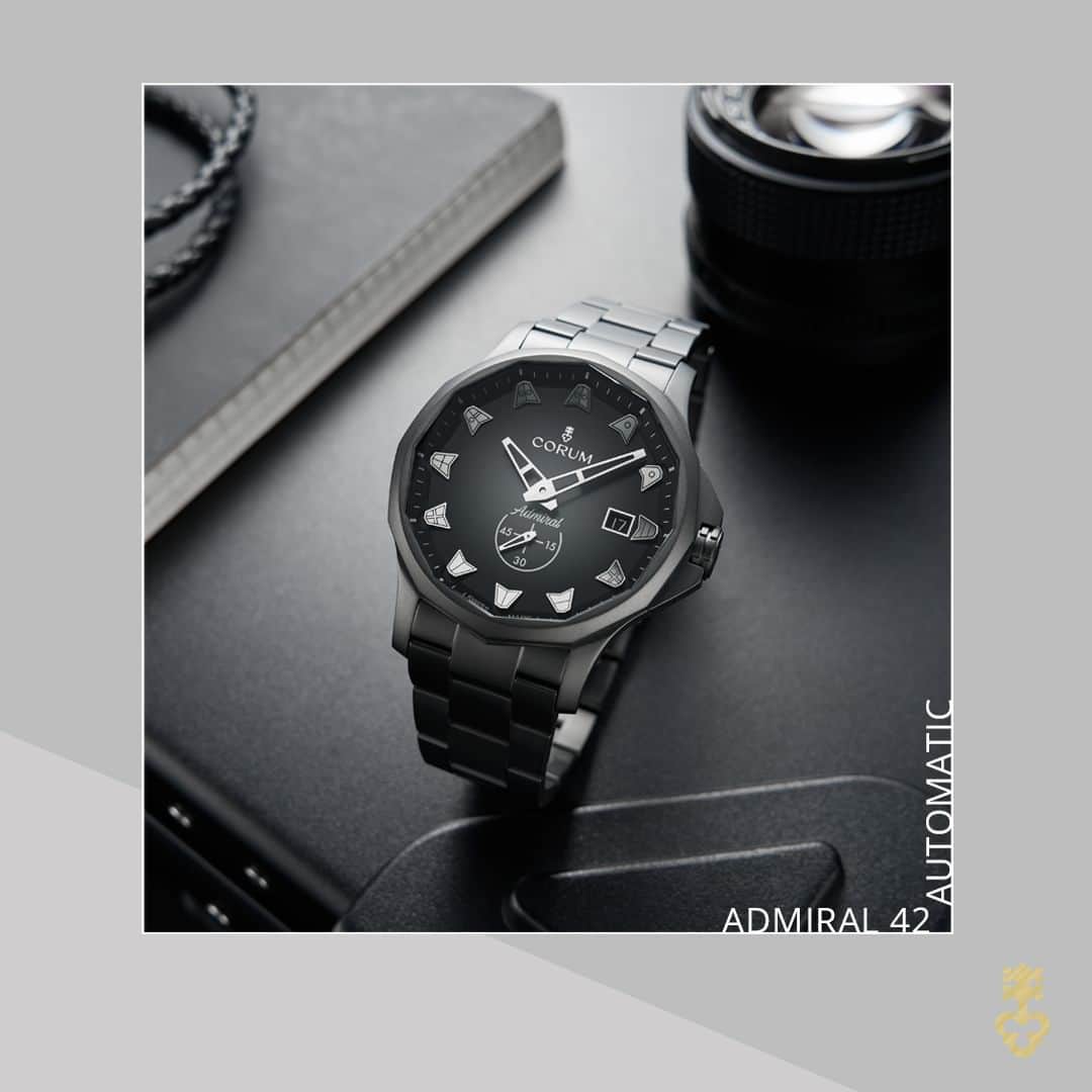 コルムのインスタグラム：「NEW #Admiral 42 Automatic sandblasted gunmetal grey DLC  - Limited edition of 100 pieces - Ref. A395/04324 - 395.201.98/V800 AN90 - #CorumWatches #RiskIsTheReward」