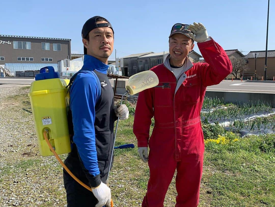 大平まさひこのインスタグラム：「廣井ccと畑仕事！ ええ天気で農業日和👩‍🌾 ヒロくん似合いすぎ😂😂😂　収穫が楽しみ〜🥦安井ファームさん鈴木くんいつもありがとう😊 #廣井友信#大平まさひこ#安井ファーム#ブロッコリー#楽しい#畑仕事#菜園#トラクター#収穫楽しみ#花蕾屋」