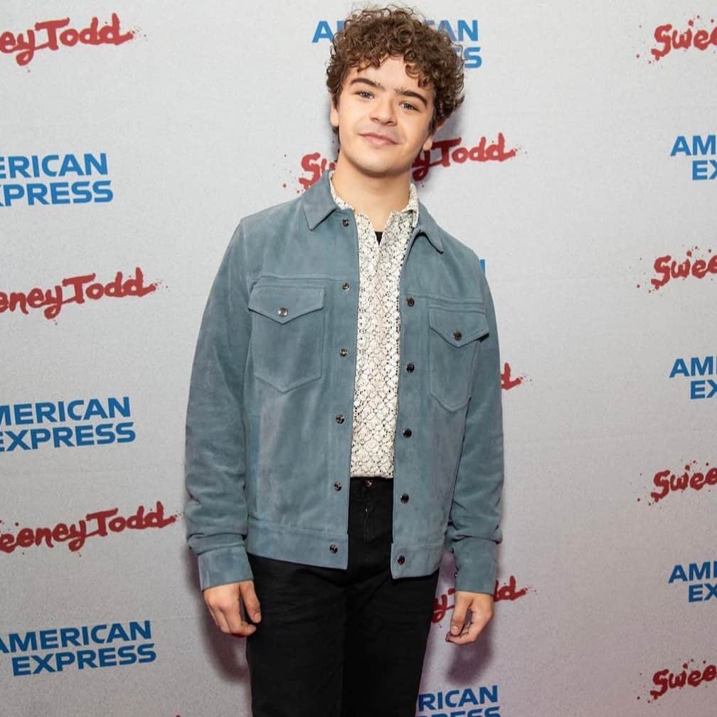 トッドスナイダーのインスタグラム：「Gaten Mazarazzo at the premiere of @sweeneytoddbway in our Italian Suede Dylan Jacket. Styled by @meg_galvin .」