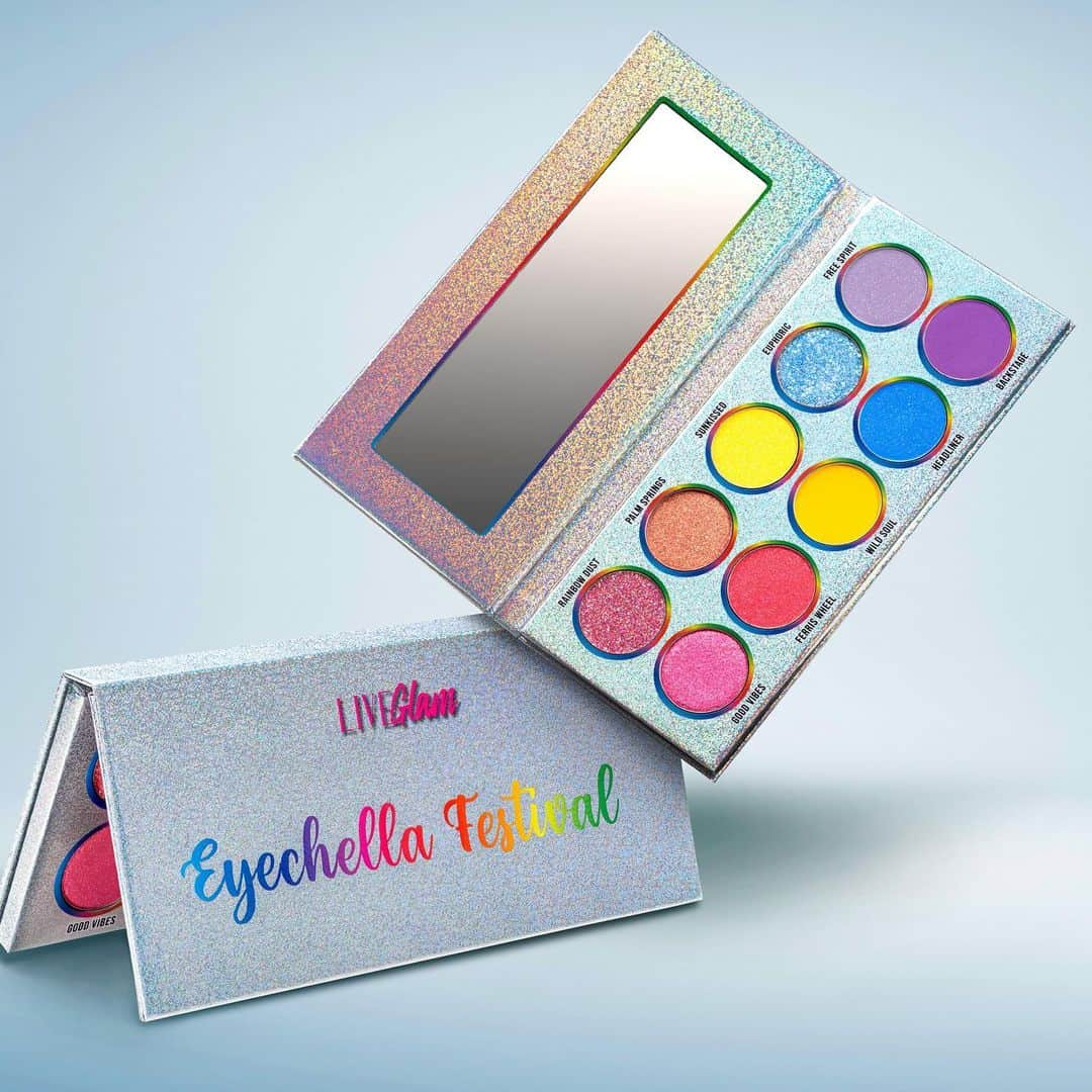 LiveGlamのインスタグラム：「Electric Love ⚡️Get done up ‘till sunup with our “Eyechella” palette 🌴🎡 From vibrant shimmers to eye-catching pressed glitters, these pigments are your beauty headliners 🫶🎶🪩 Tap to shop #LiveGlamFam  Need more festival inspo? Head to the link in our bio and check out our “Coachella Makeup Guide” ✨」