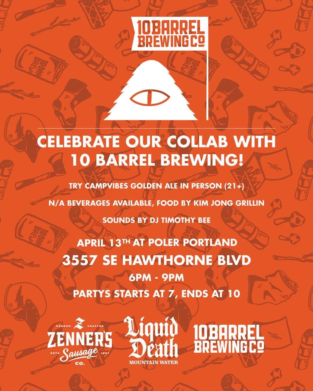 Poler Outdoor Stuffさんのインスタグラム写真 - (Poler Outdoor StuffInstagram)「Tonight🍻! Come celebrate our beer release with @10barrelbrewing!  With juicy dogs provided by @zennerspdx! Special guest @timothy.bee spinning some tasty tunes!  From 6pm-9 🎉  #campvibes」4月14日 4時57分 - polerportland