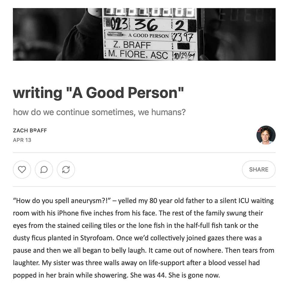 ザック・ブラフさんのインスタグラム写真 - (ザック・ブラフInstagram)「I wrote a short essay about writing “A Good Person” and put it up on Substack . Link to the full thing in my bio. ❤️❤️❤️」4月14日 7時30分 - zachbraff