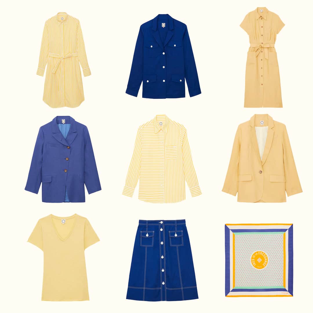 イネスドゥラフレサンジュのインスタグラム：「💛💙 DE LA COULEUR ! La collection Printemps Été 2023 est riche en couleurs ! Du jaune pastel au bleu électrique, il y en a pour tous les goûts et toutes les envies ✨ - 💛💙 OF COLOUR! The Spring Summer 2023 collection is rich in colour! From pastel yellow to electric blue, there is something for everyone ✨  #inesdelafressange #inesdelafressangeparis #girlsinines #paris #parisianchic #parisianstyle #girlsinines」