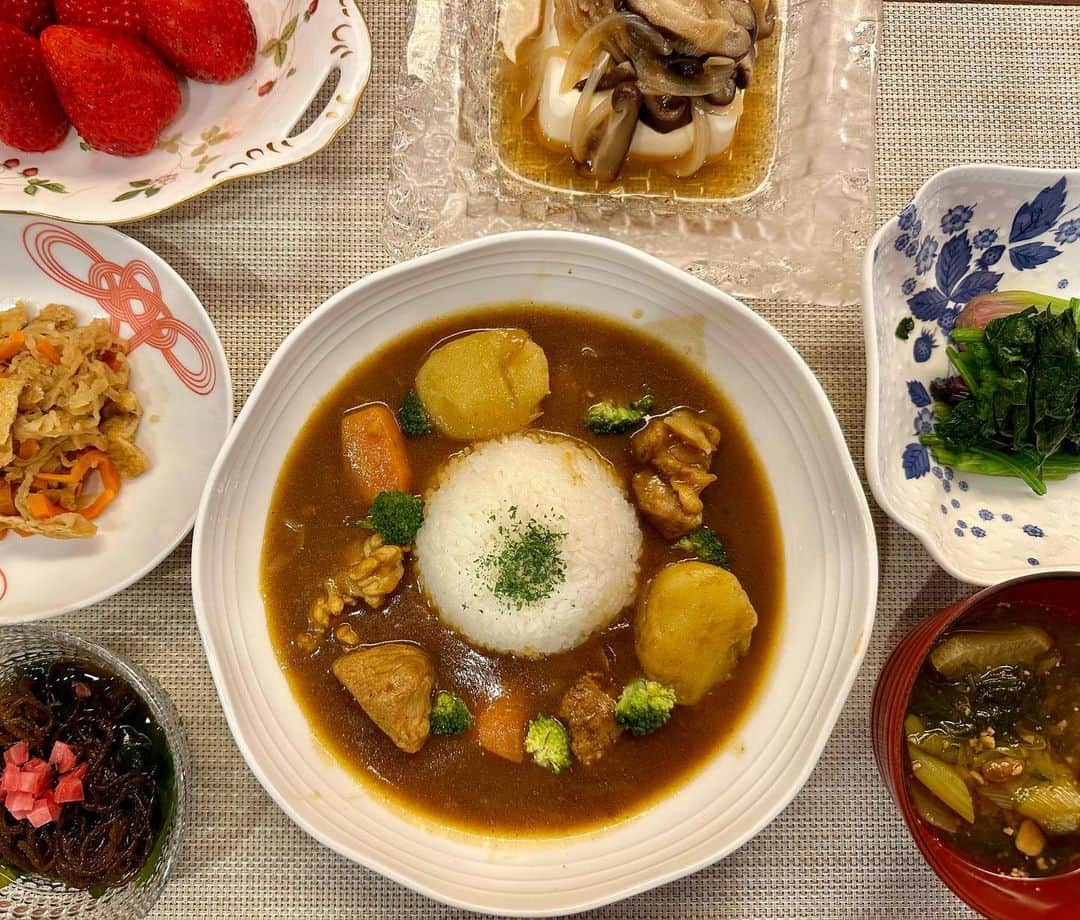 のインスタグラム：「. 富士山カレーを作るつもりが お米の標高が低すぎて 金時山になりました🫶🏽😋 ⁡ ⁡ここ数日花粉がつらすぎる…🫠😵‍💫 ⁡ #おうちごはん #🍛🍛🍛 #冷蔵庫のお掃除」