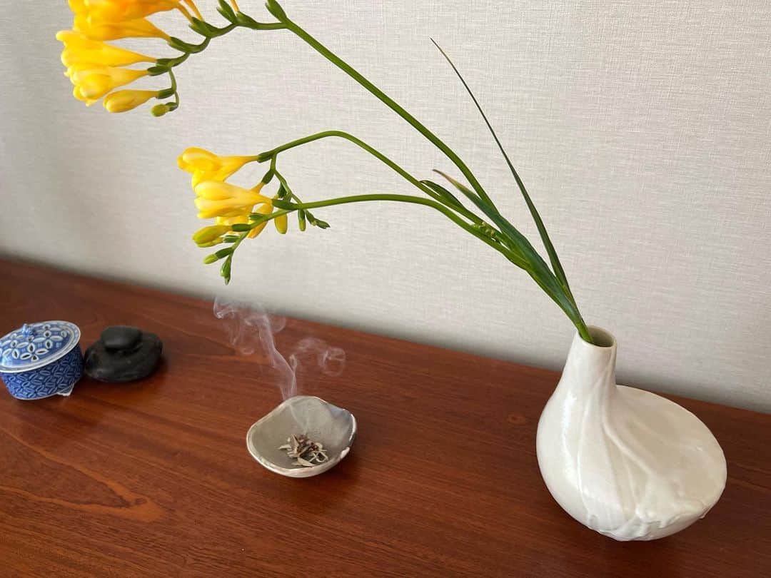 家長晶のインスタグラム：「↪︎朝はホワイトセージを焚いて、夜はお香を。  お香は香彩堂さんの古都の香シリーズが多いけど、 なんやかんや 白川やシンプルに白檀も好き。」