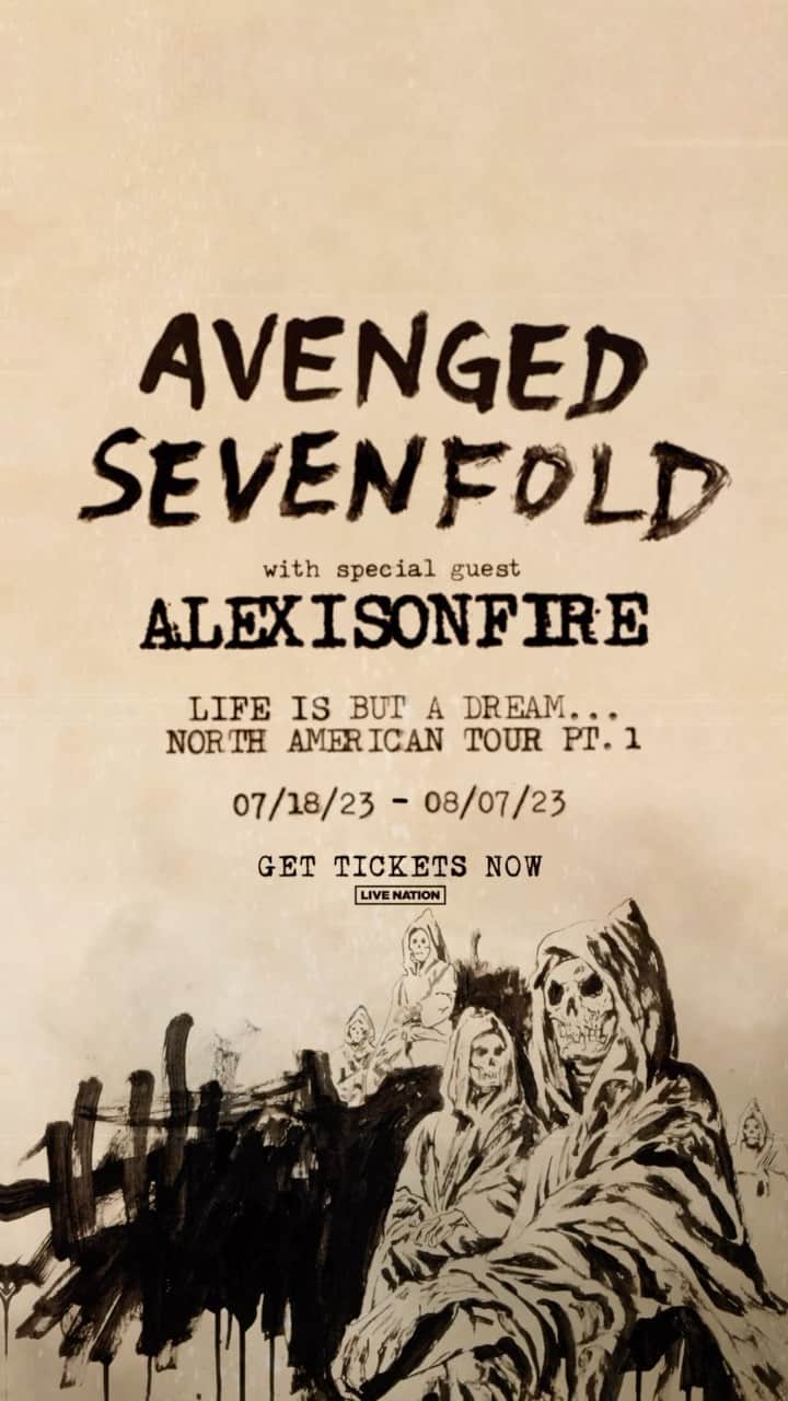 アヴェンジド・セヴンフォールドのインスタグラム：「Tickets are on sale starting now [10AM local] for our Life Is But A Dream… North American Tour Pt. 1. We look forward to returning to the east coast, midwest, & Canada with special guest, @aof_official. Get yours at the link in bio.」