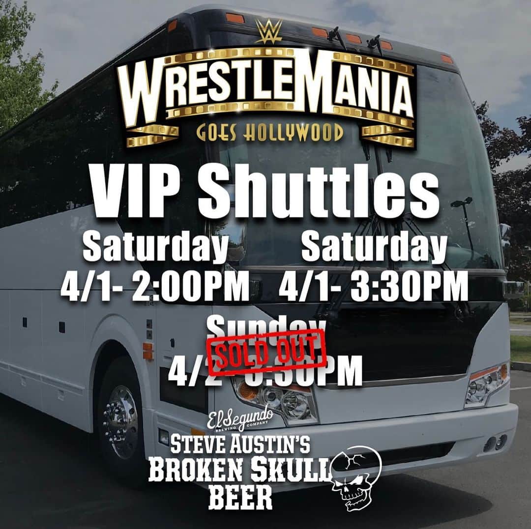 ストーン・コールド・スティーブ・オースチンのインスタグラム：「Hell Yeah!!! Ride to @wwe #wrestlemania in Comfort and Style! Going to Wrestlemania at SoFi? Come pre-game with Broken Skull Beer and @esbcbrews and they will do the rest! Offering rides from the taproom to SoFi stadium via shuttle buses with Swoop! Visit @esbcbrews website for info!  ***MUST BE 21+ TO PURCHASE***  FYI—-Broken Skull IPA and Broken Skull American Lager will both be available during Wrestlemania at SoFi Stadium.   #wwe #wrestlemania #beer #craftbeer #ipa #lager #america #usa」