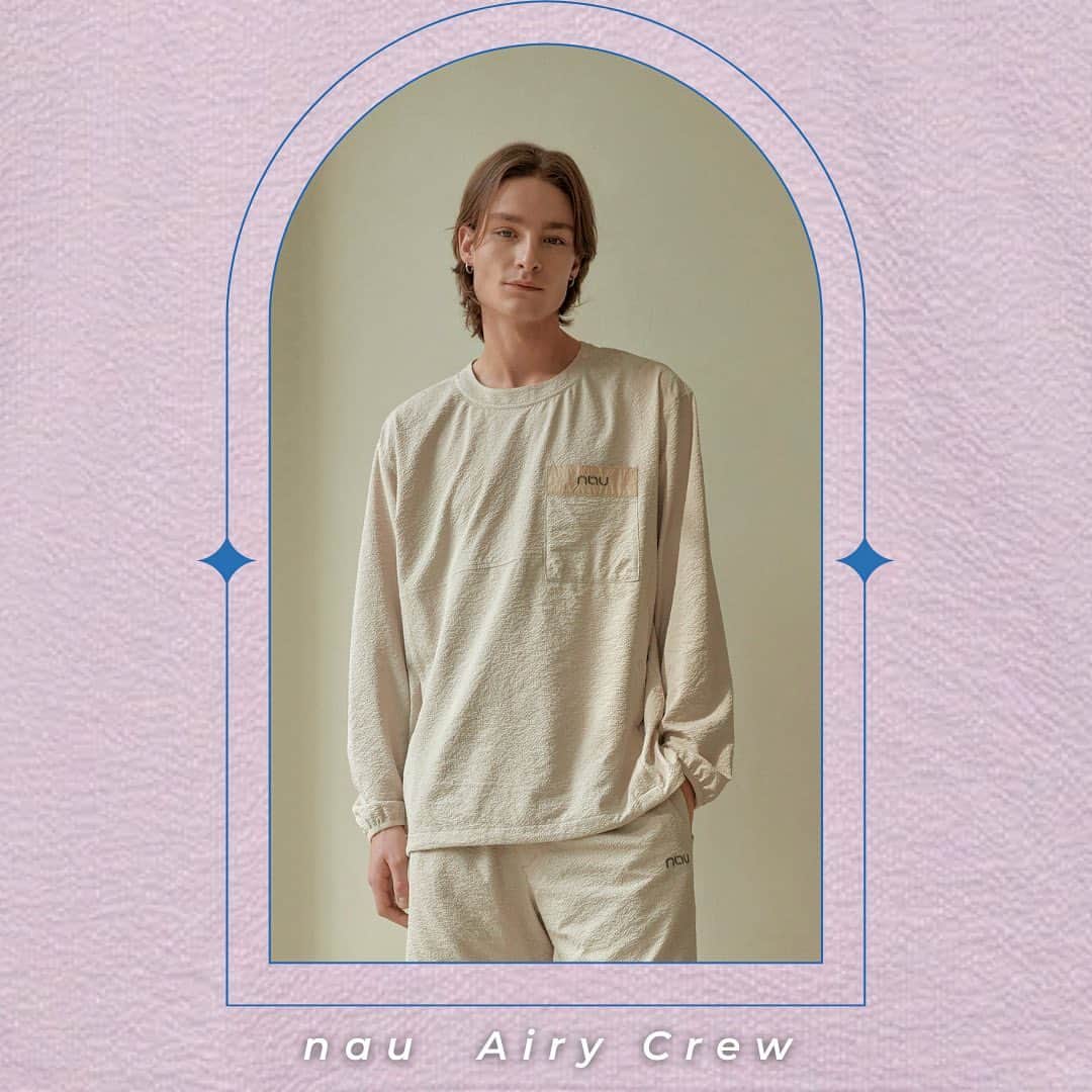 のインスタグラム：「Spring 2023 New Style Spotlight 🌞  This long sleeved shirt is made with eco-friendly recycled polyester seersucker fabric—lightweight and breathable, it's the perfect thing to pack it in your bag when you need a wrinkle free extra layer! The Airy Crew has a light and comfortable fit, and is wrinkle resistant— making it ideal for travel.   #seersucker #livenau #springfashion #spring2023collection」