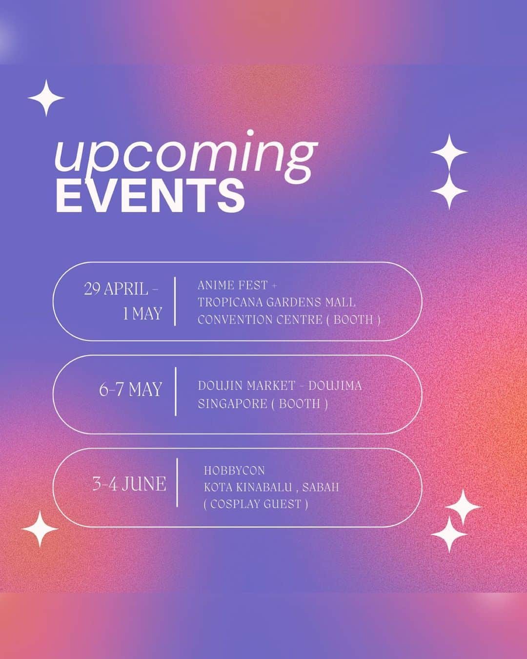 YingTzeさんのインスタグラム写真 - (YingTzeInstagram)「✨ Event Announcement ✨  I’m back for events again after a few months break ! 🥳💜 Which event will I meet you ?   29th April - 1st May | Anime Fest + ( Booth )  6th-7th May | Doujin Market in Singapore ( Booth ) 3th- 4th June | Hobbycon in Sabah ( Cosplay Guest )  There will be more events , to be announced soon 🫶🏻💕  📸 @prestonles.ig  Studio @peoplegraphy」3月31日 21時07分 - yingtze