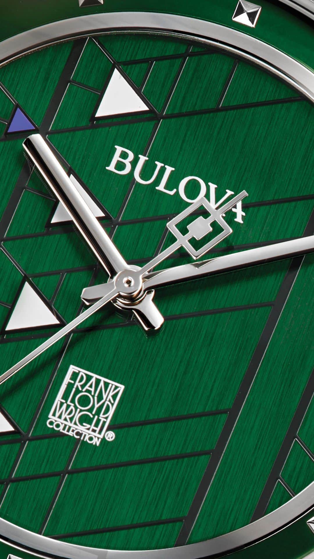 ブローバのインスタグラム：「A blooming masterpiece, the Hollyhock House watch from our Frank Lloyd Wright Collection sets you up for a stylish spring.  The bright green dial’s design is inspired by the iconic architect’s stained glass window designs composed in a geometric format of the hollyhock flower and showcased in the famous Los Angeles home that set the tone for American Modernism.  #Bulova #BoldatHeart #FrankFridays   — ⏱: 96A286 MSRP: $395 CASE: ø 39mm」