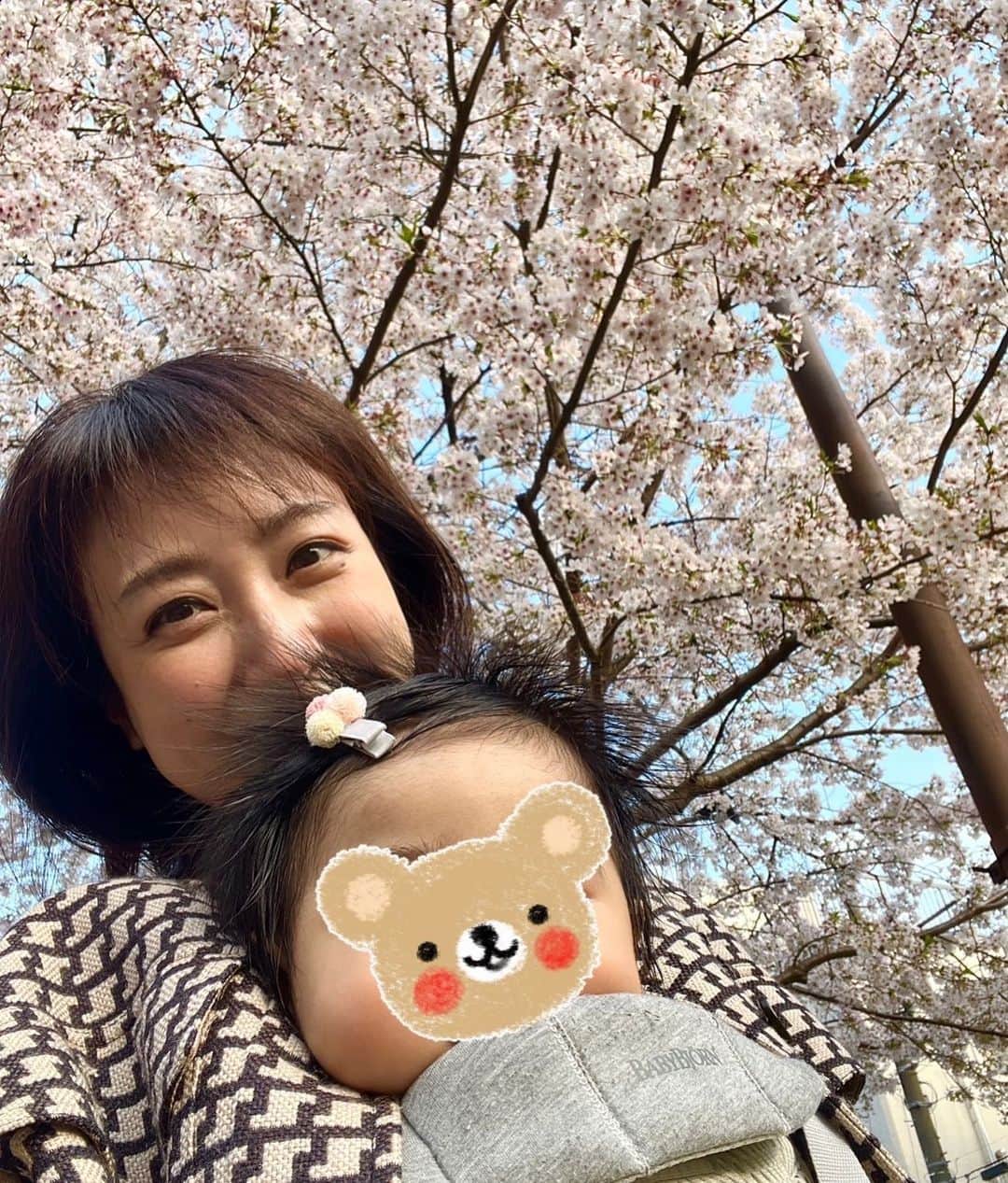 川田裕美のインスタグラム：「なんとか桜が咲いているうちに、できるだけ多く見せてあげたい（自分も見たい！）ので、もう少し咲いていてください〜🌸🌸 娘の髪が伸びてきたので、ヘアピンもつけられるようになりました☺️」