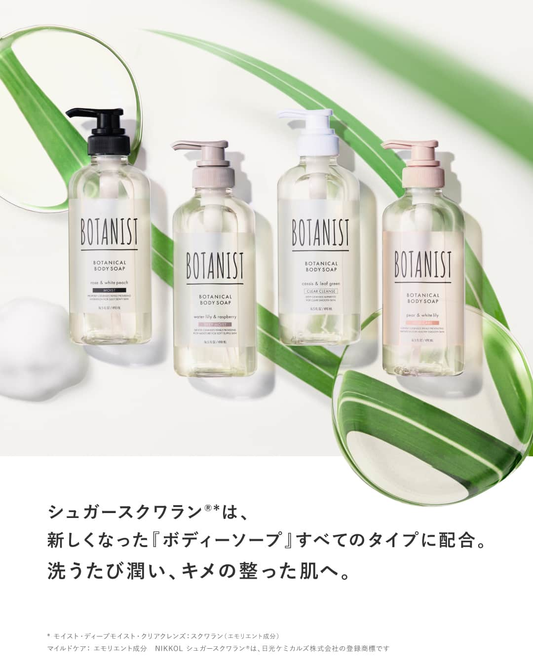 botanist officialさんのインスタグラム写真 - (botanist officialInstagram)「【植物由来処方で叶える、キメの整った肌🌿】 新しくなった『ボタニカルボディーソープ』には、4種すべてのタイプに厳選された植物由来成分が配合されています。 今日は、ボタニカル処方の一つ『シュガースクワラン®︎*』について、ご紹介します。  💡シュガースクワラン®︎* とは？ ヒトの皮脂に近い性質で、肌なじみが良いオイルとされているスクワラン。その種類の一つで、サトウキビの抽出液を発酵させて作られたもの。 再⽣可能な植物資源を使用することで、地球環境にも優しいサステナブルな製法で作られます🌍🌿  洗うたび潤い、キメの整った肌へ✨ 是非、お試しください♪  * モイスト・ディープモイスト・クリアクレンズ：スクワラン（エモリエント成分）マイルドケア： エモリエント成分 NIKKOL シュガースクワラン®は、⽇光ケミカルズ株式会社の登録商標です  #肌いたわりボタニカルボディーソープ #キメ整う #ツヤ肌リング #BOTANIST #ボタニスト #botanicalbeauty  #botanicallifestyle #bodycare #bodysoap #ボタニカルライフスタイル #ボタニカル #ボディケア #ボディーケア #ボディソープ #ボディーソープ #ボディケアグッズ #うるおい #潤い #潤い素肌 #素肌 #保湿ケア #乾燥 #乾燥肌 #乾燥肌対策 #乾燥肌ケア #保湿 #肌荒れ #肌質改善 #スクワラン #植物由来」3月31日 17時05分 - botanist_official