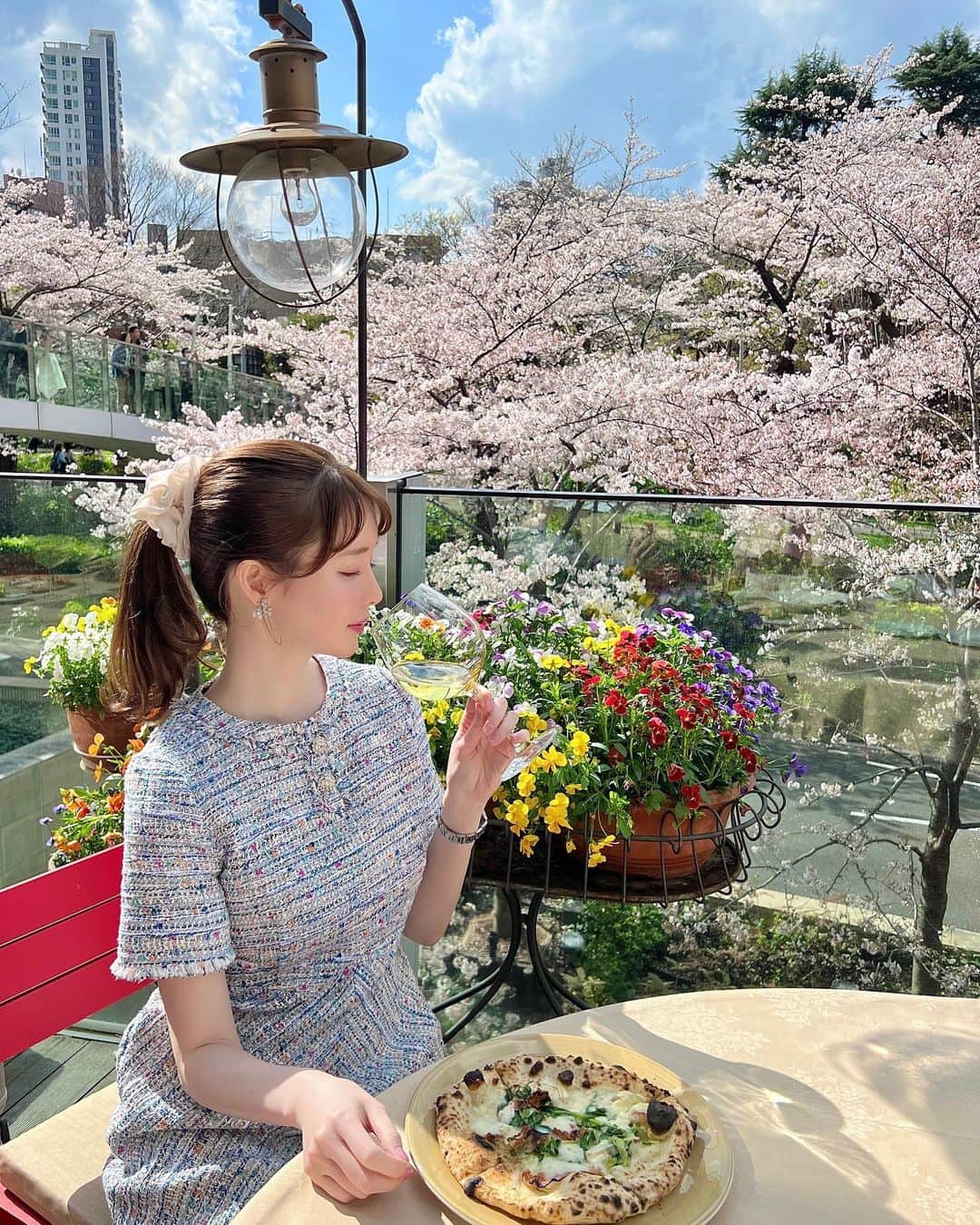 ayakoのインスタグラム：「お花見🌸🍕 お天気もよくて桜も綺麗で幸せなランチ🍷お外が暑くてお酒がまわる😵‍💫✨  ツイードが美しいお気に入りのワンピースは @m_maglie_le_cassetto_official 👗✨ かわいすぎる、、、💖✨  #お花見 #桜スポット #お花見コーデ #ツイードワンピース」