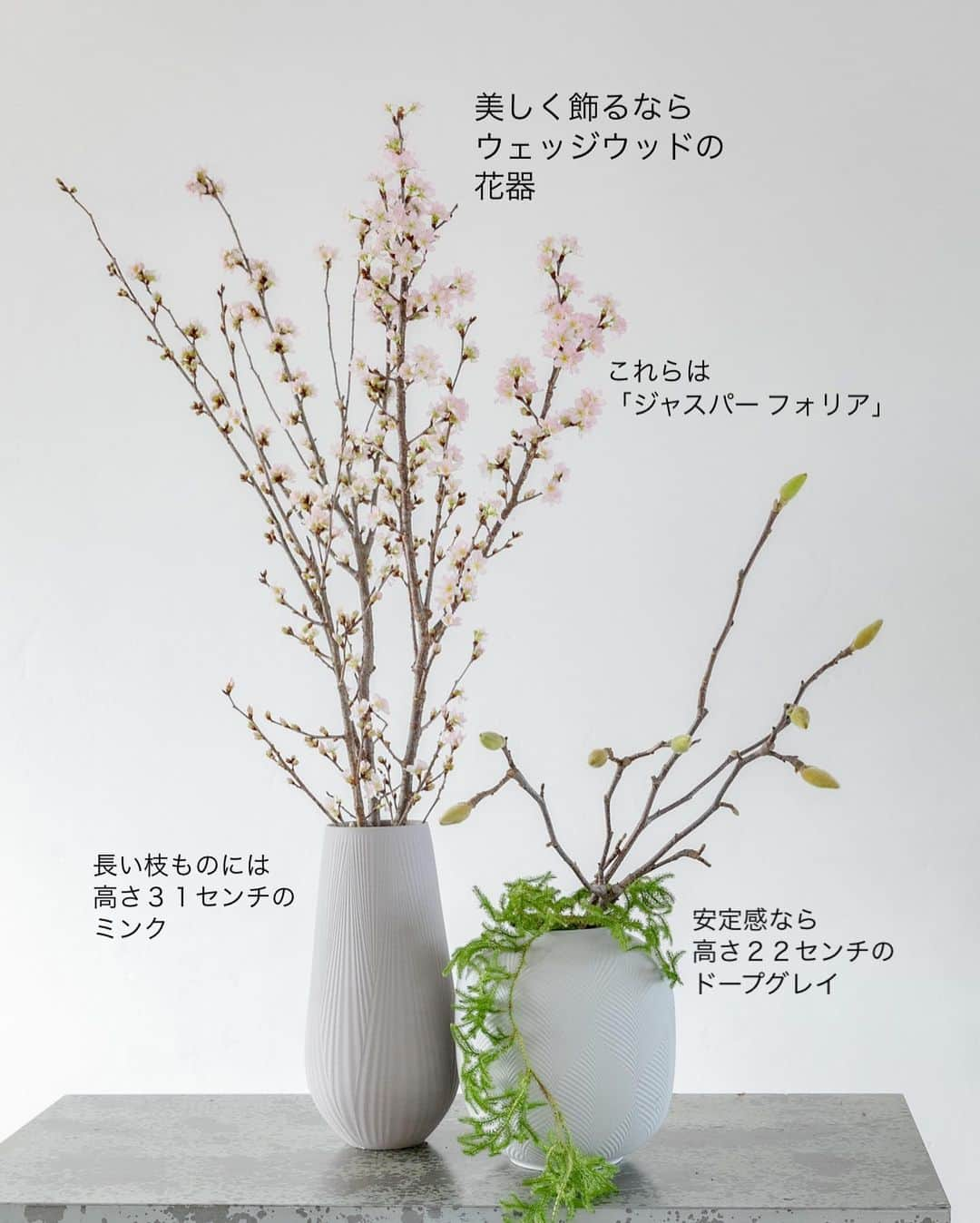 雑誌『花時間』さんのインスタグラム写真 - (雑誌『花時間』Instagram)「この春は、花器を新調してみませんか？　おすすめは『ウェッジウッド』の花器。   花時間（＠hnaajikan_magazine）です。   水を満たせたら、基本的にはどんな器にも花をいけられます。けれど、花の美しさをより引き立てたい場合には、上質な花器をひとつは持っておきたいものです。   いけた花と部屋に品のよさを薫らせる『ウェッジウッド』の花器。 じつは、飾りたいイメージに合わせて選べるほど、さまざまなサイズのものがそろっています。   ここに紹介した3シリーズでは、枝ものを伸びやかにいけられる高さのものから、サイドテーブルに低く、かわいらしく飾れるミニタイプまで。   表面に施された繊細なテクスチャーもそれぞれなので、拡大してご覧になってください。   ＊それぞれの器と花材 【Jasper Folia】ジャスパー フォリア 花器：ジャスパー フォリア ベース 31㎝ ミンク/ ベース 22㎝ ドーブグレイ 花材：ケイオウザクラ、ハクモクレン、ヒカゲカズラ     【Magnolia Blossom】マグノリア ブロッサム 花器：マグノリア ブロッサム ローズ ボール(高さ11㎝) / ベース(高さ18㎝) 花材：八重咲きのユリ、センニンソウ   【White Folia】ホワイトフォリア 花器：ホワイト フォリア ベース 13cm/ ベース 23㎝ 花材：ダリア、コチョウラン、ポピー、アンスリウム、グズマニア、アジサイ   これらのアレンジは『ウェッジウッド』のインスタグラムで、いけかたや器の生かし方を動画で紹介しています。レッスンしているのは、表参道にあるフラワーショップ『ロジ プランツ＆フラワー』のオーナーでフラワーアーティストの宇田陽子さん。 https://www.instagram.com/wedgwoodjapan/   とても参考になりますよ！   #wedgwoodjapan #wedgwood #ウェッジウッド #花のある暮らし #花が好き #フラワーベース #花の飾り方 #花のある生活 #udayoko_artworks #udayoko_flowerworks #logiplantsandflowers @udayoko」3月31日 15時18分 - hanajikan_magazine