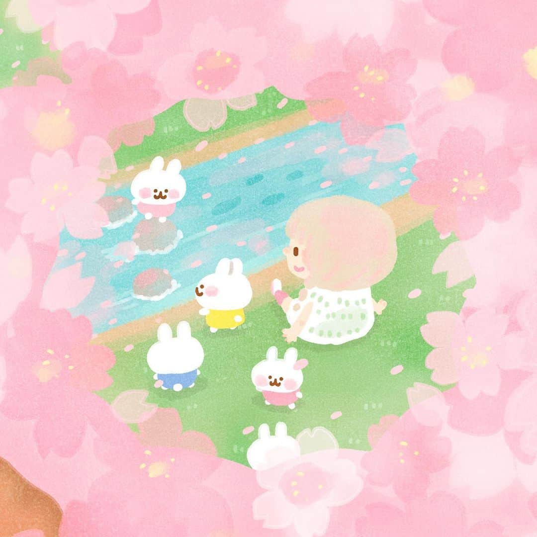 カナヘイのインスタグラム：「こちらが桜を見上げるとき ■□□ □□□  #4月壁紙 #Illustration #making #タイムラプス #メイキング #kanahei #卡娜赫拉 #卡娜赫拉的小動物 #カナヘイの小動物 #桜　#お花見」