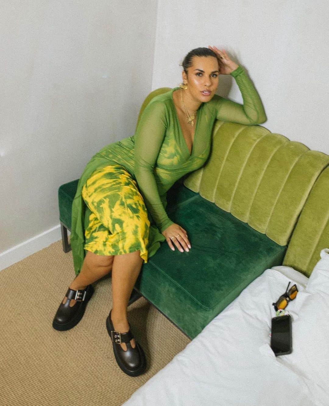 のインスタグラム：「It’s a green thing.  @alizedemange wears the slip dress [127320460]」