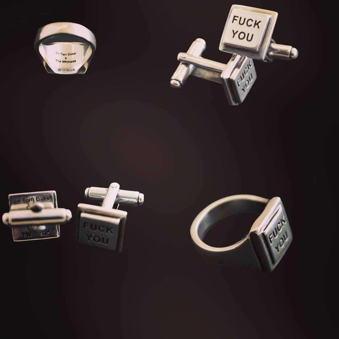 サー トム ベイカーのインスタグラム：「Fabulous new cufflinks and ring available in store only ( not online yet ) OR: @thewildnessjewellery by emailing info@thewildnessjewellery.com. Based on a classic shape / spirit we have collaborated to produce these pure silver hallmarked mini masterpieces. Rock n roll ! Oh , and Fuck You of you don’t like them !」