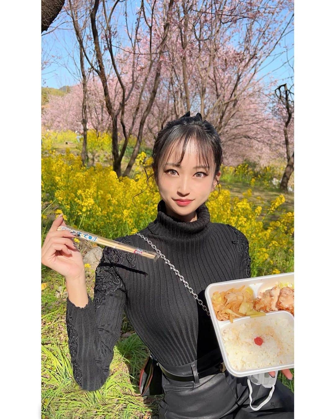 だふちゃん 。のインスタグラム：「🌸 🍱  #花より団子 とはこのこと。✌︎  この日のお供は 『ナンバンチョイス生姜焼き』💛🥢  県外の人は知らない、高知のソウルフードなのだ。  定期的に食べたくなる😋  #花見 #🌸   #くいしんぼ如月 #チキンナンバン #高知 #桜」