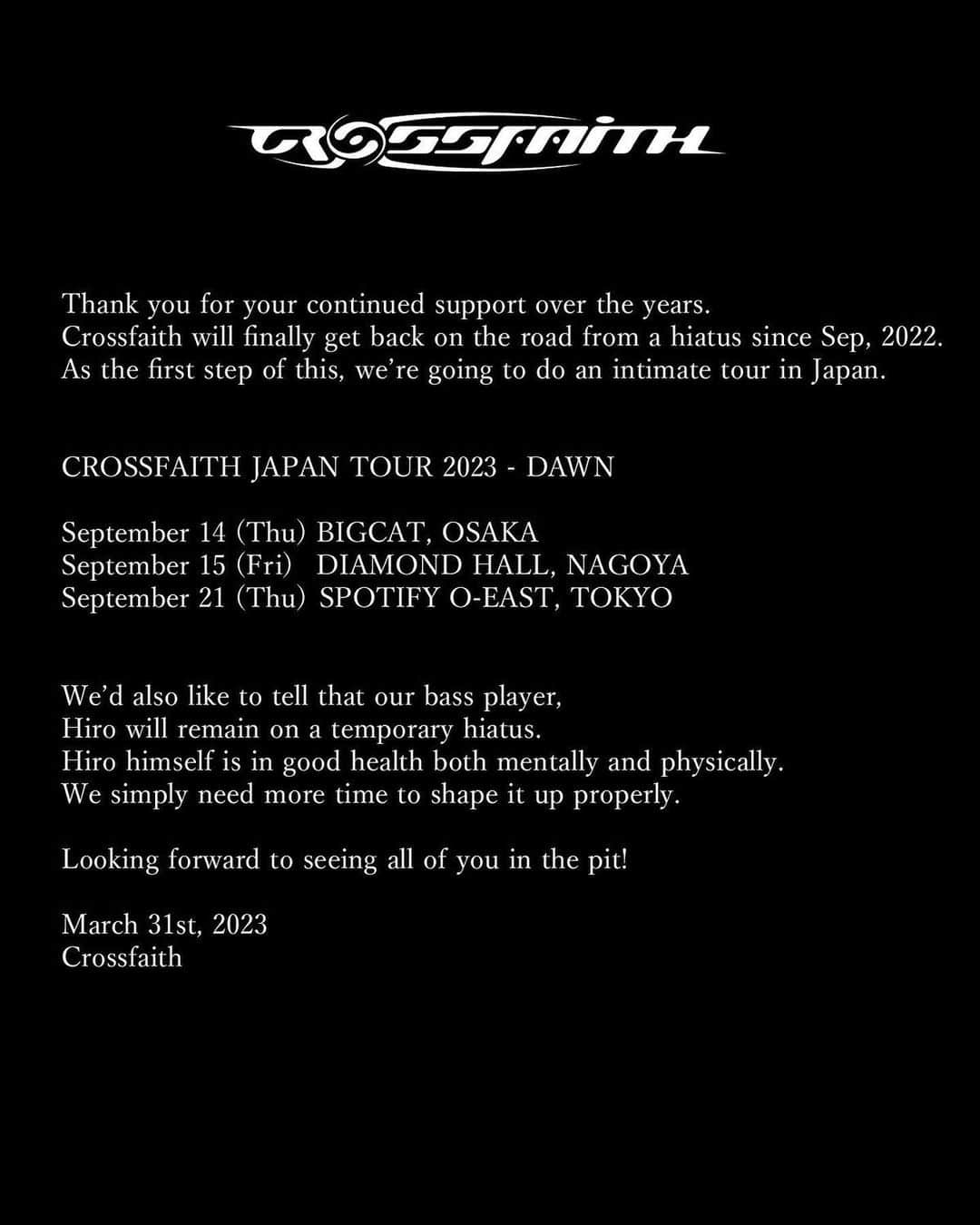 Tatsuya Amanoのインスタグラム：「Crossfaith活動再開いたします🔥 しばらく充電していた分、がっつりカマしてやろう。See you guys in da pit!🤘」