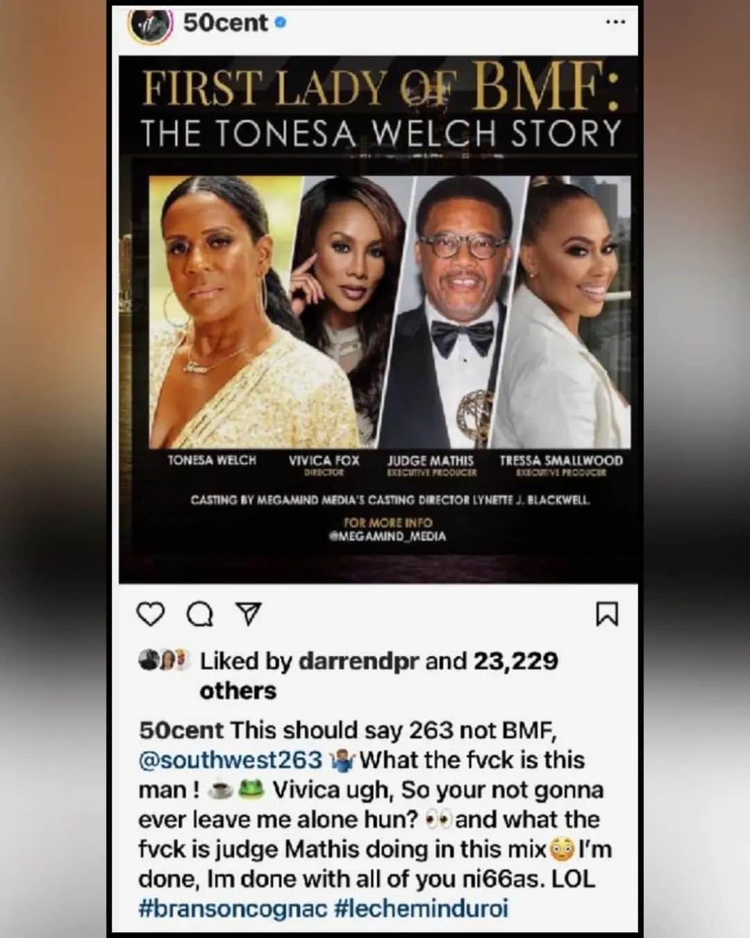 ヴィヴィカ・A・フォックスのインスタグラム：「TGIF Dawlings! Waking up to my ex @50Cent showing #1STLADYOFBMF support! Don't worry dawling we got this! We gonna tell @firstladytonesa REAL story! Thanks! 🤗🤣 #Director #BlackGurlMagic #GurlPower #FILMLIFE🔥🤴🏽👸🏽🎬🤑🔥」