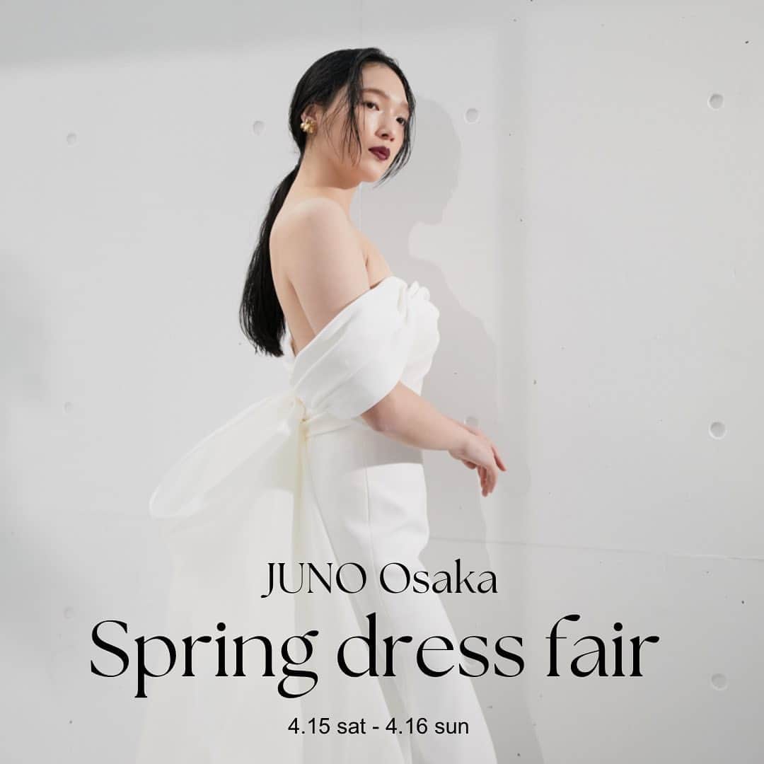 JUNOのインスタグラム：「【JUNO大阪店】- Spring Dress Fair 開催のお知らせ -  JUNOへ新たに仲間入りしたばかりの新作ドレスや 全国の花嫁に愛される @inesdisanto  @antoniorivamilano  @marchesabridal などより人気のドレスを集めたフェアを開催いたします。  こちらのフェアにてご試着いただいたお客様へ お得な特典もご用意しています。  ※6組様限定、ご予約枠残りわずかです。  ご試着予約・フェア詳細はプロフィール▷URLより  ドレスやスタイリングにこだわった ウェディングをイメージされている方 自分らしく個性に溢れるドレスをお探しの方 ぜひお話をお聞かせください。  @juno_weddingdress  @juno_osaka  Dress.03-20727」