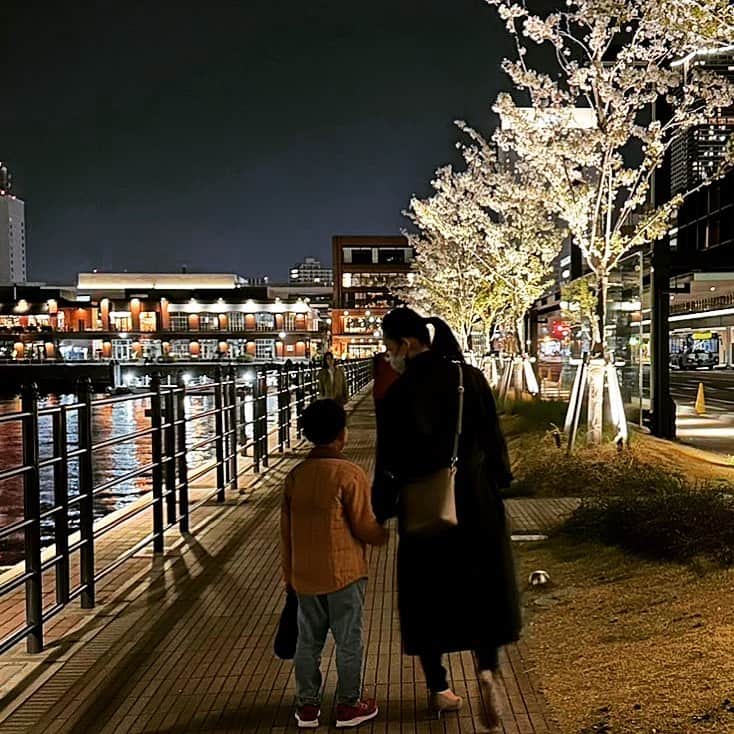諸岡なほ子のインスタグラム：「金曜夜のみなとみらいは意外に人がいなくて静か。桜と海もいい感じ。 今日はとにかくおいしいものというよりは、おしゃれしておしゃれなレストランに行きたくて、その欲を満たしてきました。んー、満足。#yokohama #hammerheadyokohama #yokohamamarineandwalk #sakura🌸」