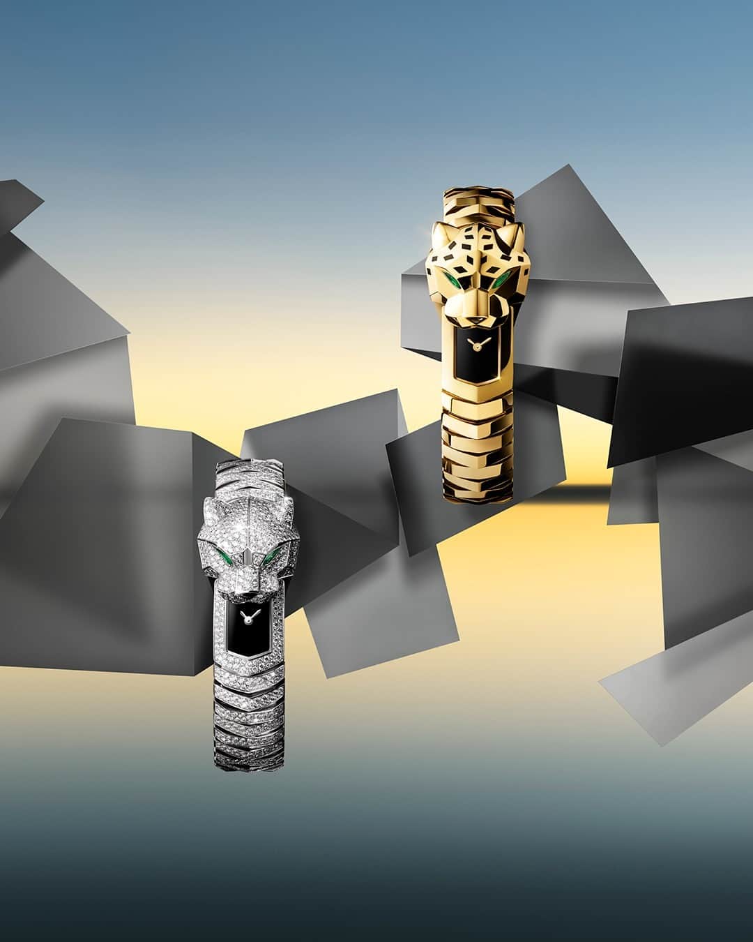 カルティエのインスタグラム：「Fierce and wild, the Panthère de Cartier jewelry watch is a masterful addition to a repertoire of precious collections. The masterpiece owes its elegance to the vitality of jewelry-making expertise: hand finishing, lacquered and polished spots, and precious-stone setting. #CartierWatchmaking #WatchesandWonders2023 #PanthèredeCartier」