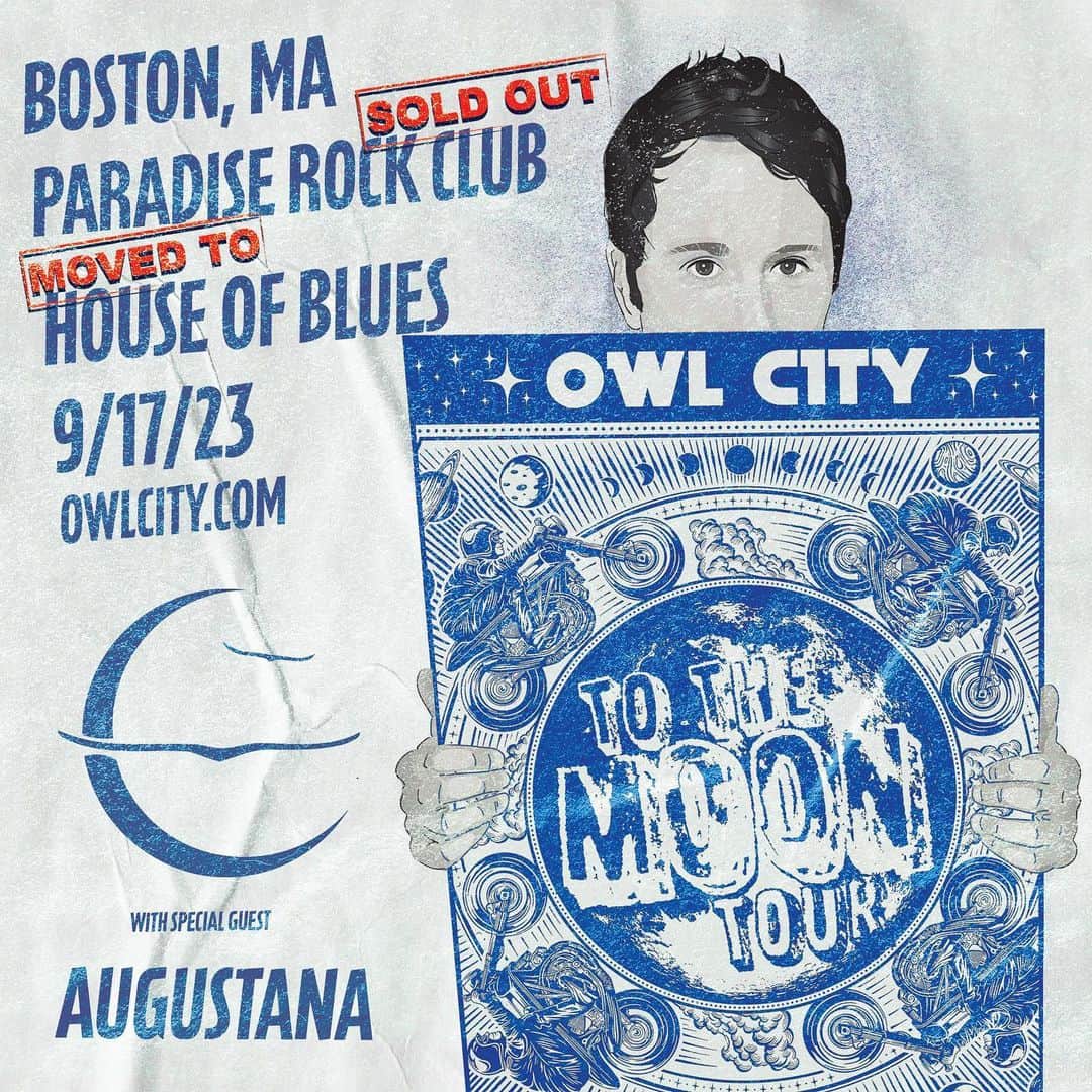 アウル・シティーのインスタグラム：「Hey Boston, thanks for selling out Paradise Rock Club!   What do you say we move the show to House of Blues so more people can come on 9/17/23?   Invite your friends!  Tickets at link in bio.  #tothemoontour #owlcity #cocomoon」