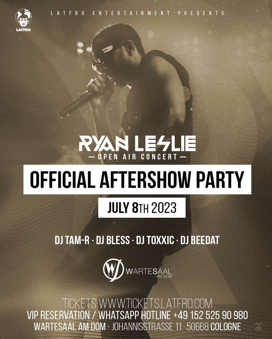 ライアン・レズリーのインスタグラム：「We’re happy to announce the official @ryanleslie Open Air Concert Afterparty at the wonderful @restaurantwartesaalamdom It is only right, to close up this amazing day with a banger 🚀 We’re so looking forward to july 8th!!! First the Open Air at @tanzbrunnenkoeln then the Afterparty at @restaurantwartesaalamdom Get ready for finest sound by @djtamr @musicbybless @dj.toxxic @beedat01 Tickets & Info www.Tickets.Latfro.com // WhatsApp hotline +49 152 525 90 980」