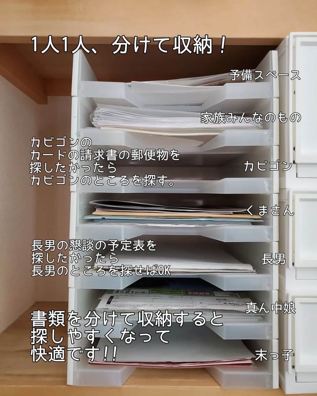 koyukkuma 一条工務店さんのインスタグラム写真 - (koyukkuma 一条工務店Instagram)「・ 🧸🧸書類を探しやすく方法🧸🧸  インスタグラマーのおうちはキレイって 思い込みやめてもろて～😜  春休み、毎日お祭り騒ぎのLDKです🎌  ✈✈✈  さてさて 4月になりました🌸  長男は中学3年生 真ん中娘は小学3年生 末っ子は年長  …と、それぞれ進級したので 書類収納のいらない書類を処分して、 始業式が始まったら持って帰ってくる 大量の書類をしまいやすくするために 整理整頓しました✨  みなさんは書類や郵便物ってどうやって 収納してますか？ 子どもが1人、2人目が赤ちゃんの頃ぐらいまでは 大きいケースにざっくりと入れてたけど、  子どもが増えて大きくなって 通う場所が中学校小学校幼稚園と分かれていくと 書類がゴチャゴチャし始めて 探したい物がすぐに見つからなかったりと ストレスでした💭  でも家族1人1人分けると管理がラクになったので 書類収納迷子の方、レターケースで分けてみてね✨  #一条工務店 #アイスマート #ismart #リビング #ダイニング #収納 #片付け #整理整頓 #郵便物 #書類収納 #幼稚園 #小学校 #中学校」4月1日 17時30分 - kumasan_ismart