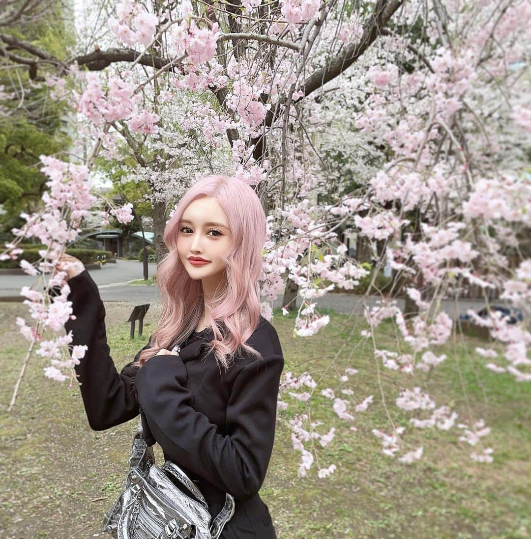 K͎A͎R͎E͎N͎のインスタグラム：「🌸  今年もお花見出来た🫧👩🏻‍❤️‍👩🏼  #sakura #桜 #お花見 #日比谷公園 #ootd  #hibiyapark #hibiya #pink #pinkhair #お花見日和」