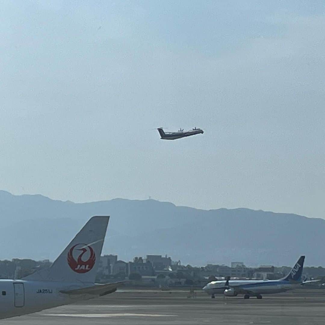 上田悦子のインスタグラム：「飛行機で、 出張なんて、 何万年ぶりだろう。。。  春霞と、飛び立つ姿と🛫」