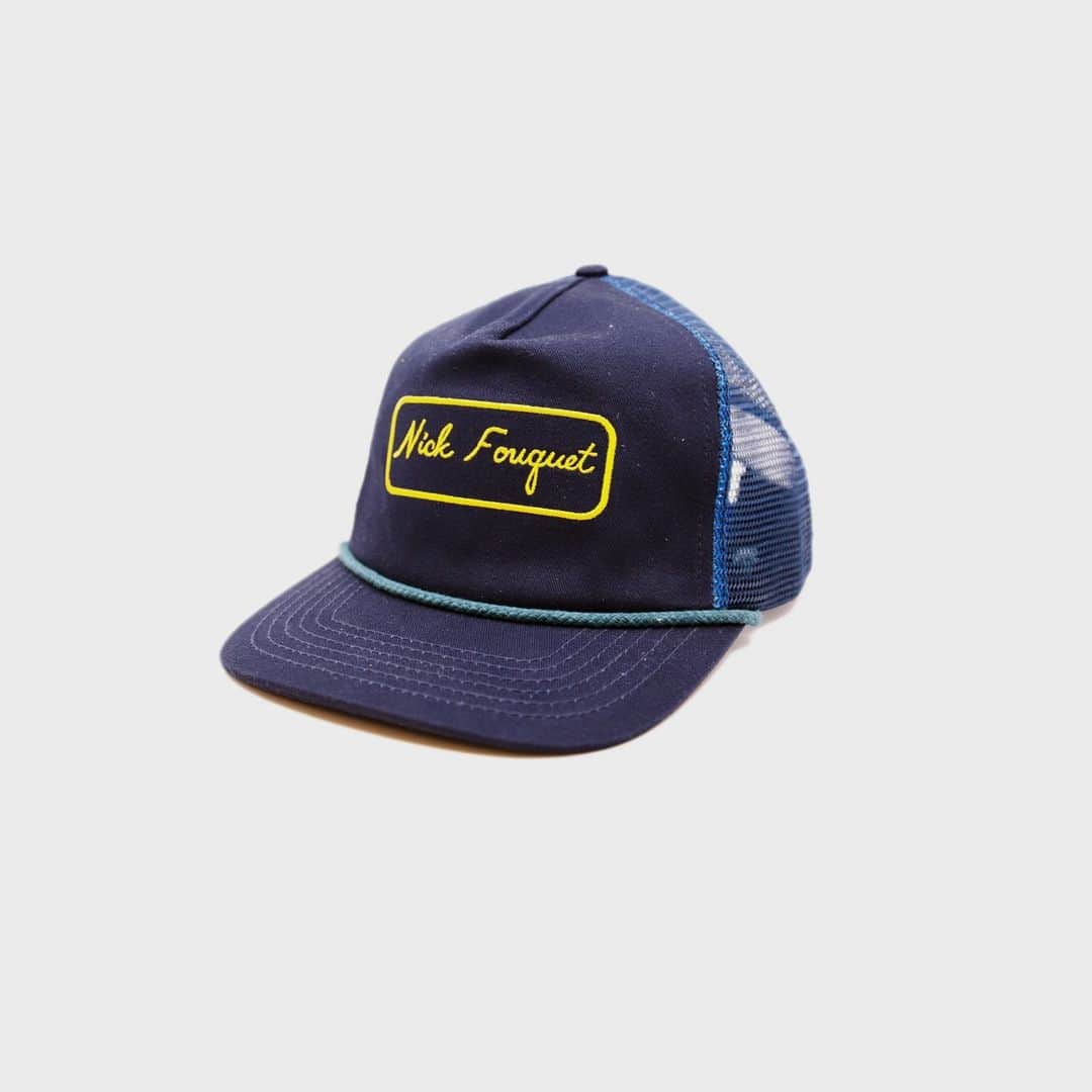 Nick Fouquetのインスタグラム：「NF GAS STATION TRUCKER    Navy cotton and nylon mesh trucker cap  Tonal braided cord along brim  Embroidered Nick Fouquet patch at front  ‘Unmatchable Style’ patch at back   Embroidered matchstick on reverse side  One size fits all  Made in Los Angeles   * * * #NickFouquet #Headwear #NF #Trucker #Cap #UnmatchableStyle」
