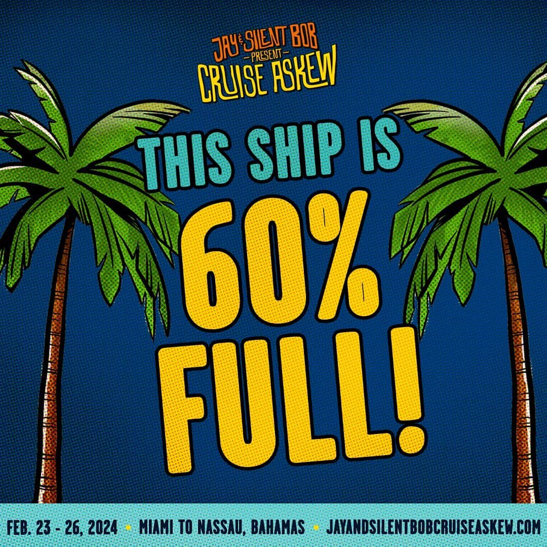 ケヴィン・スミスのインスタグラム：「Jay and Silent Bob present CRUISE ASKEW!  Join us on the high seas for stand up comedy, live music and live podcasts including:   •Jay and Silent Bob Get Old  •Fatman Beyond  •Hollywood Babble On  •Plus One  •Edumacation  Stand Up by AJ Wilkerson & Jake Ruble  Musical Performances by  •Lo(u)ser • Mega Ran • Rebuilder • Roots of Mine •Telethon •Shut Up & Dance & more!  Our ship is 60% full!  DON’T MISS THE BOAT FOR CRUISE ASKEW… BOOK NOW!」