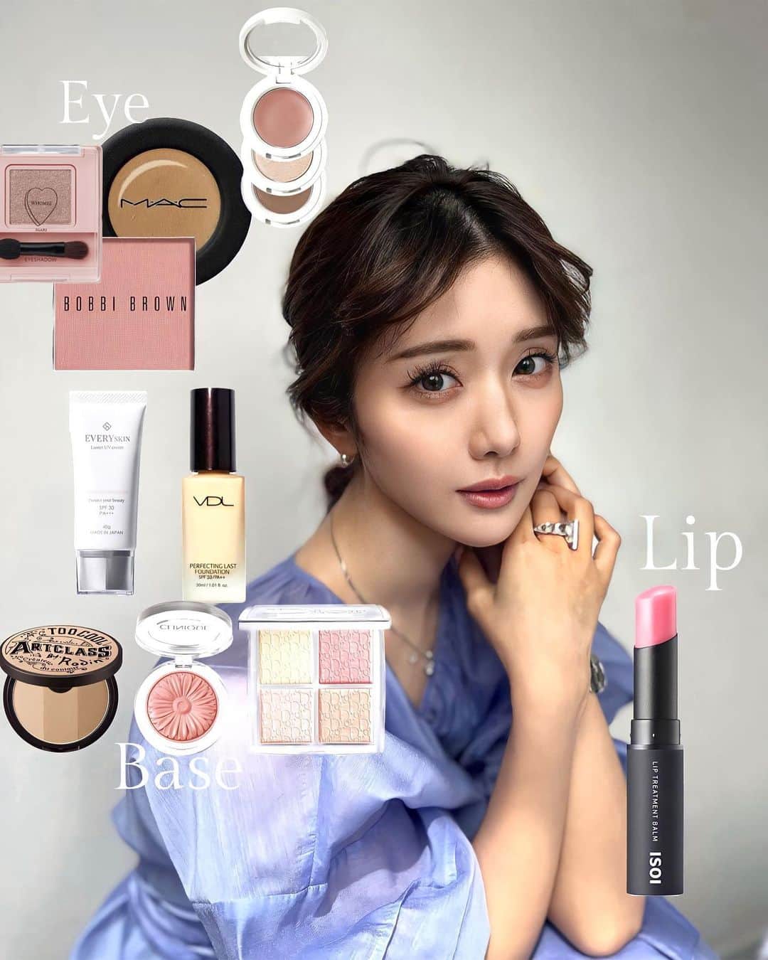 のインスタグラム：「🌸💄✨  このあいだの写真のメイクが好評だったので使ったコスメまとめてみました🫶🏻🥺✨韓国でメイクさんに教えてもらったアイシャドウたちは特にお気に入り💕  Eye👁 @maccosmeticsjapan SOBA @bobbibrownjapan AntiqueRose @whomeeigari melinda beige @genty_beauty with me Pink  Base🫶🏻 @everyskin_official luster UV @cliniquejp pink honey pop @diorbeauty 004 RoseGold  Lip💋 @isoi_official BabyPink  #cosmetics#makeuptutorial#kcosmetics#jcosmetics#韓国コスメ#韓国メイク#春メイク#春コスメ#コスメ#ブルベ冬#ブルベ冬コスメ」