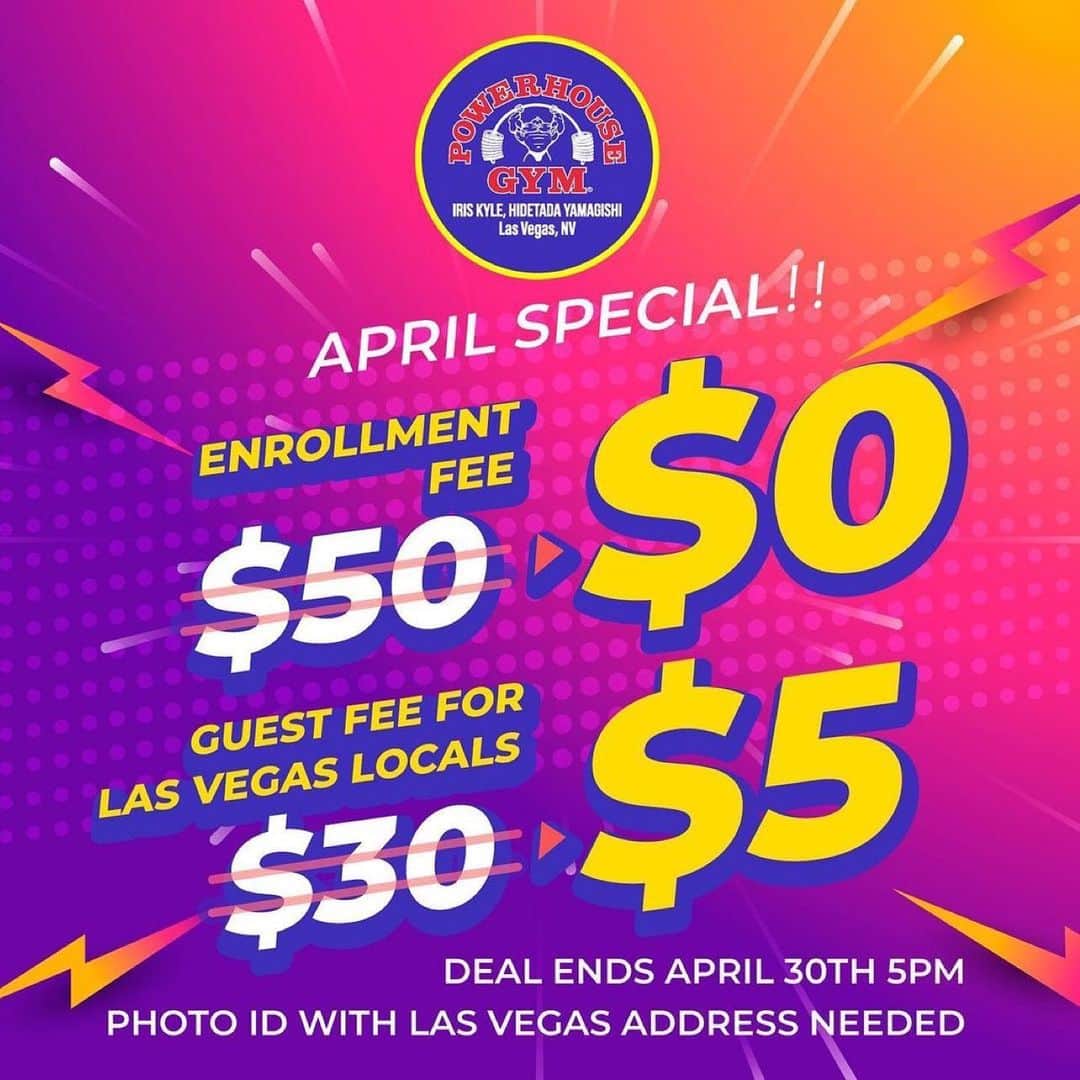 Hidetada Yamagishiさんのインスタグラム写真 - (Hidetada YamagishiInstagram)「@powerhousegymlasvegas April special! •$0 enrollment fee •$5 guest fee for Las Vegas locals (Photo ID with Las Vegas address needed)  Take advantage of this opportunity to get in shape with us!  Please visit us during our staff hours, Monday- Friday 5am-9pm Saturday 8am-7pm Sunday 8am-5pm  1950 S Rainbow Blvd Suite 105 Las Vegas Nevada 89146  Phone (702) 444-4018」4月2日 1時10分 - hideyamagishi