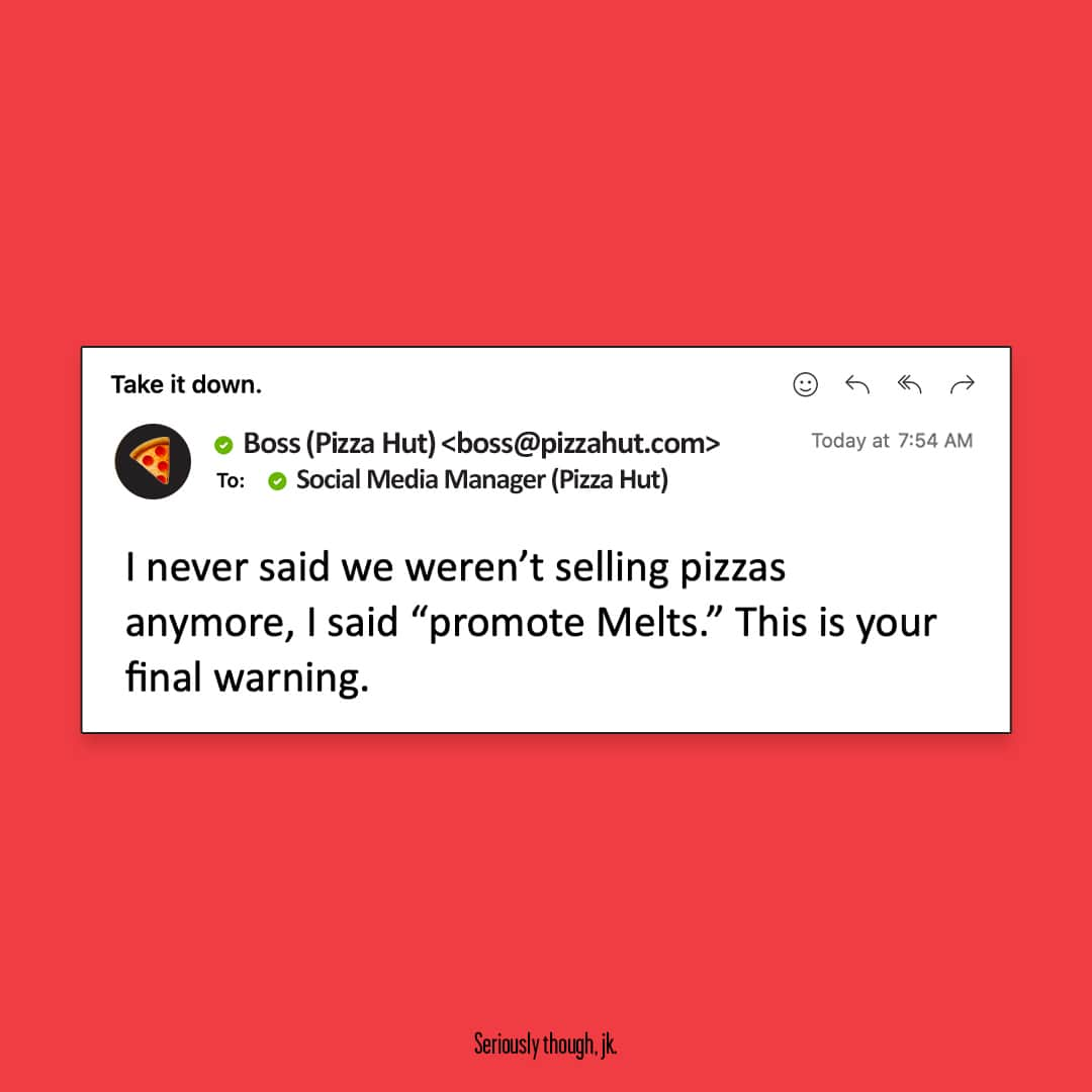 Pizza Hutさんのインスタグラム写真 - (Pizza HutInstagram)「if this is my last post ever, then happy april fools’ y’all ✌️」4月2日 0時00分 - pizzahut